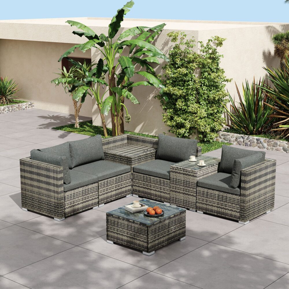 7PC Outdoor Wicker Lounge with Storage Corner (Grey) | Outdoorium