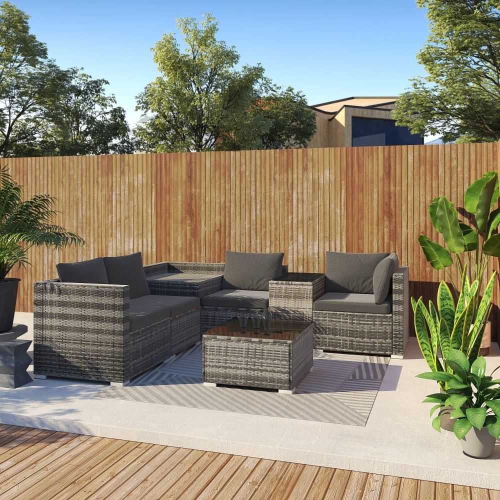 7PC Outdoor Wicker Lounge with Storage Corner (Grey) | Outdoorium