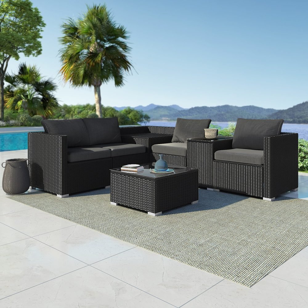 7PC Outdoor Wicker Loveseat Setting with Storage Corner (Black) | Outdoorium