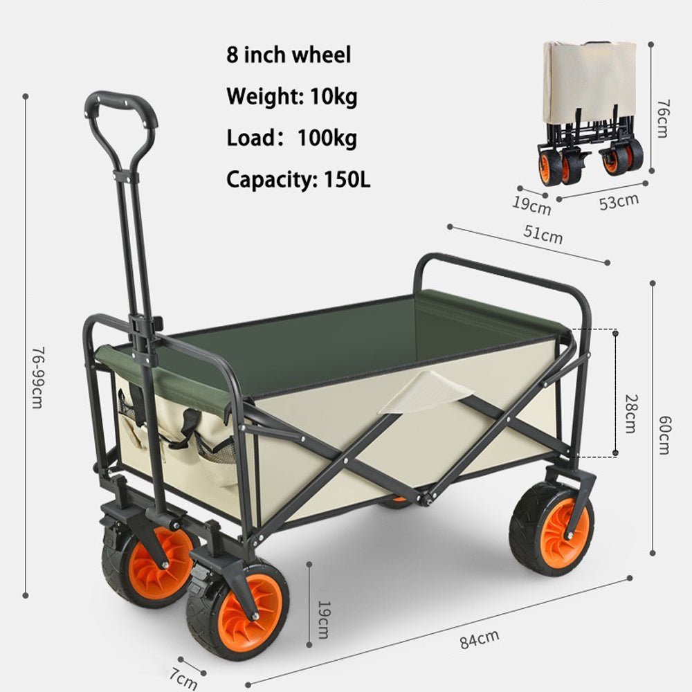 8 Inch Wheel Beige Folding Beach Wagon Cart Trolley Garden Outdoor Picnic Camping Sports Market Collapsible Shop - Outdoorium