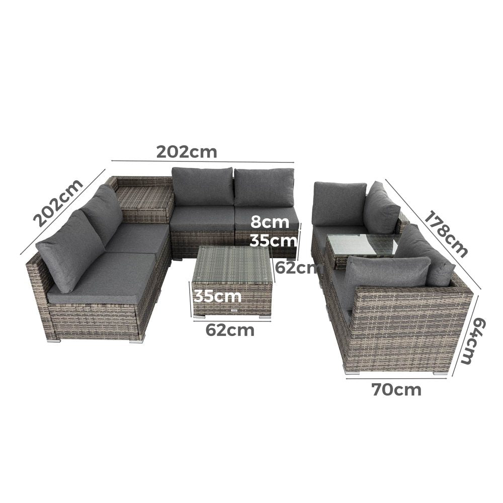 9PCS Outdoor Furniture Modular Lounge Sofa with Wicker End Table | Outdoorium
