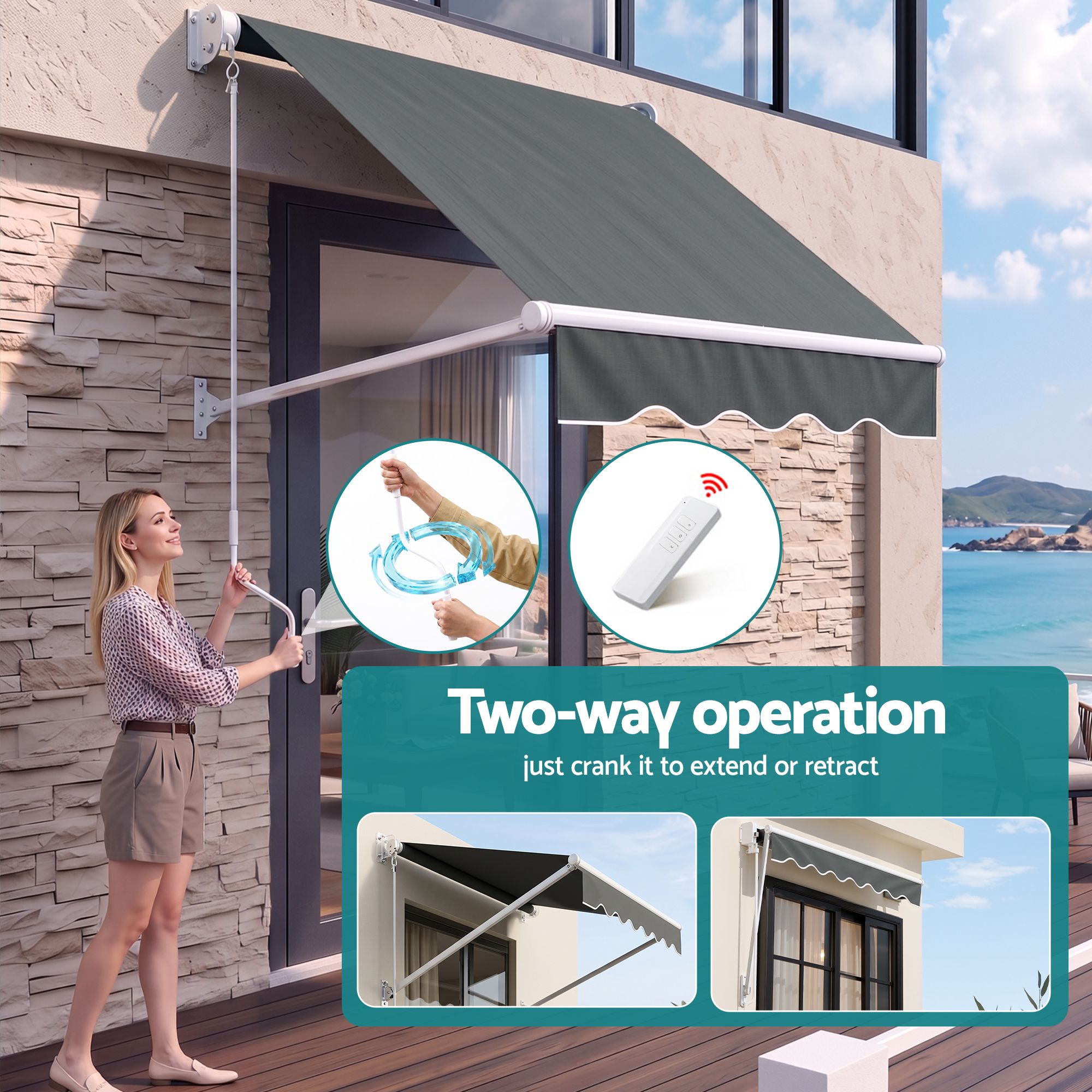 Instahut 1.5 × 2.1m grey motorised pivot arm window awning – additional product image 9