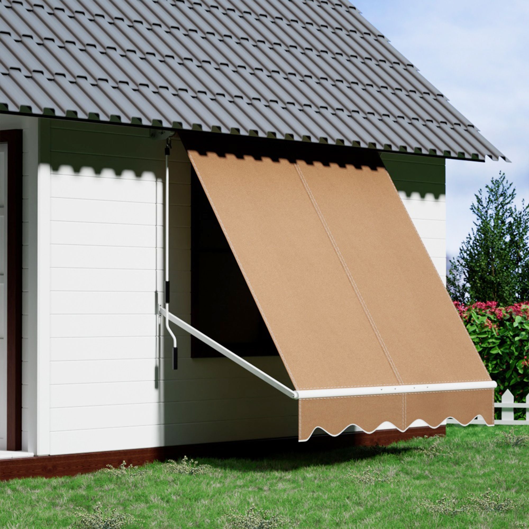 Instahut 2.1 × 2.1m beige motorised pivot arm window awning – product view