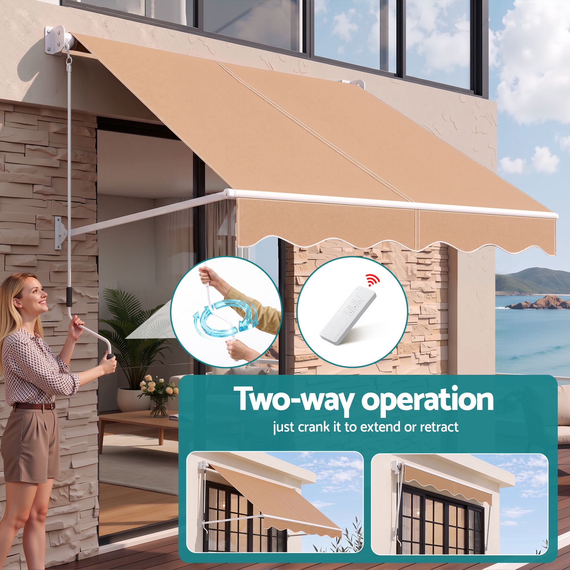 Instahut 2.1 × 2.1m beige motorised pivot arm window awning – additional product image 9