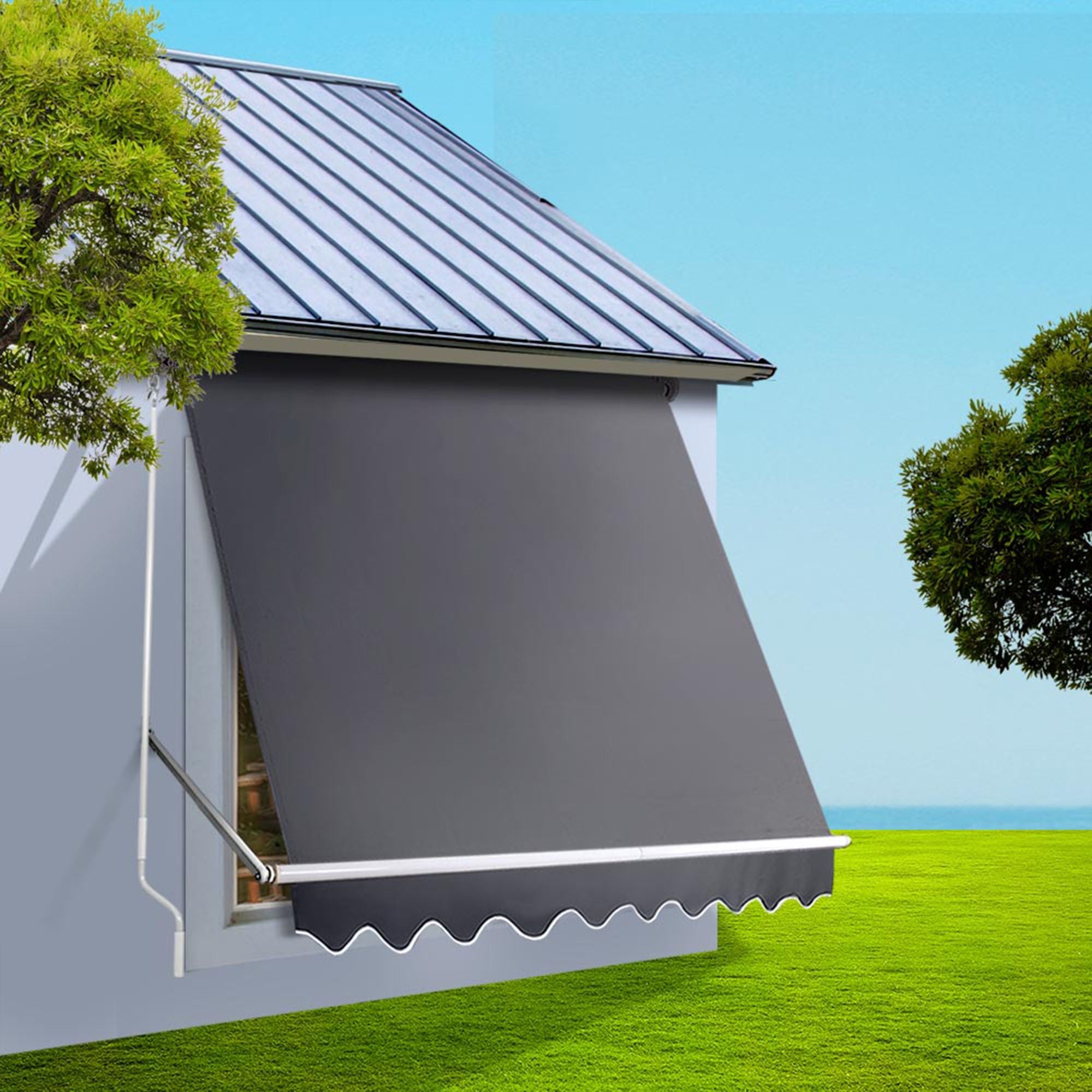 Instahut 2.4 × 2.1m grey motorised pivot arm window awning – product view