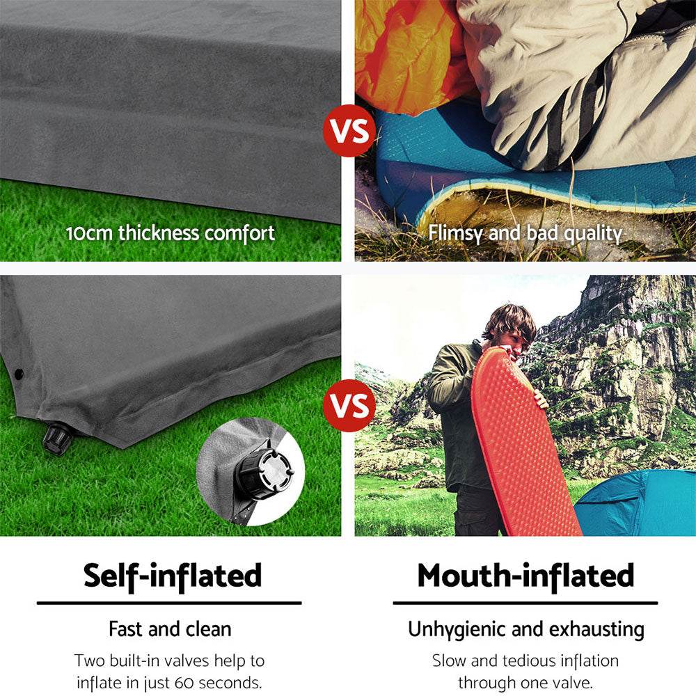 Weisshorn Self Inflating Mattress 10CM Camping Sleeping Mat Air Double Grey - Outdoorium