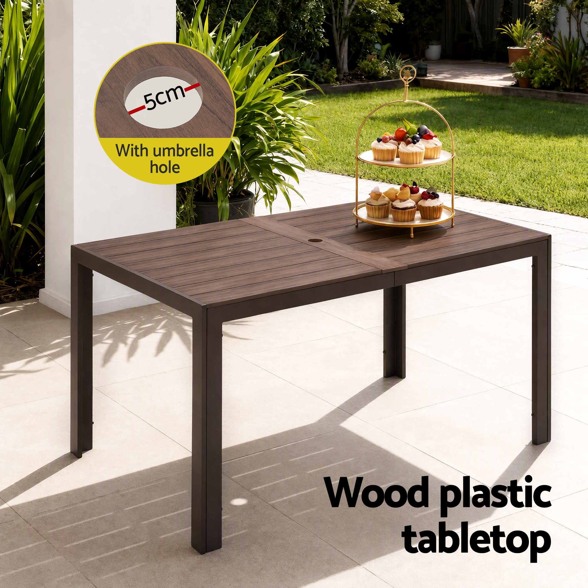 Gardeon outdoor dining table parasol hole detail