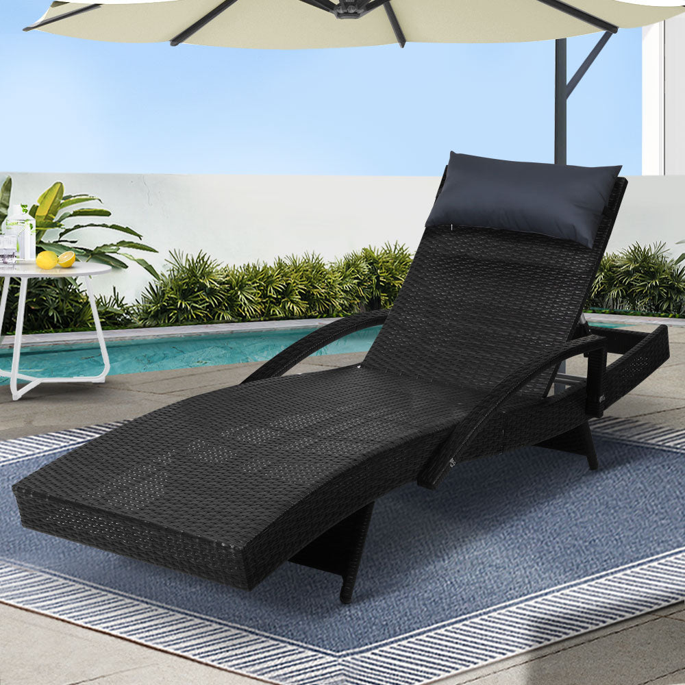 Gardeon Adjustable Black Wicker Sun Lounge with Headrest