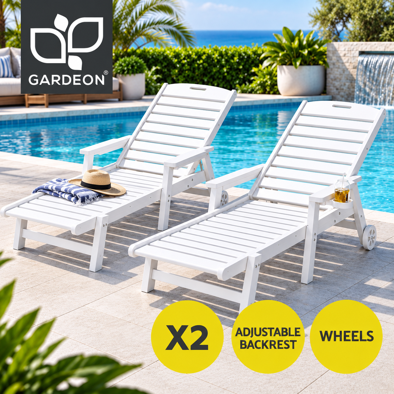 Gardeon HDPE sun loungers with wheels set of 2 white