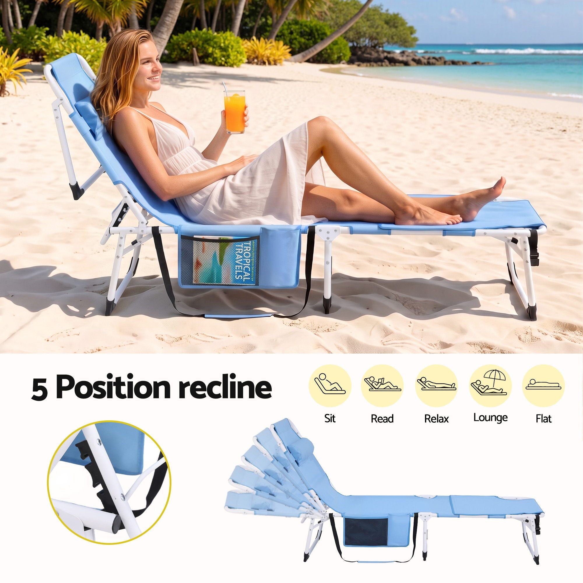 Gardeon 5-position folding sun lounger blue - image 5