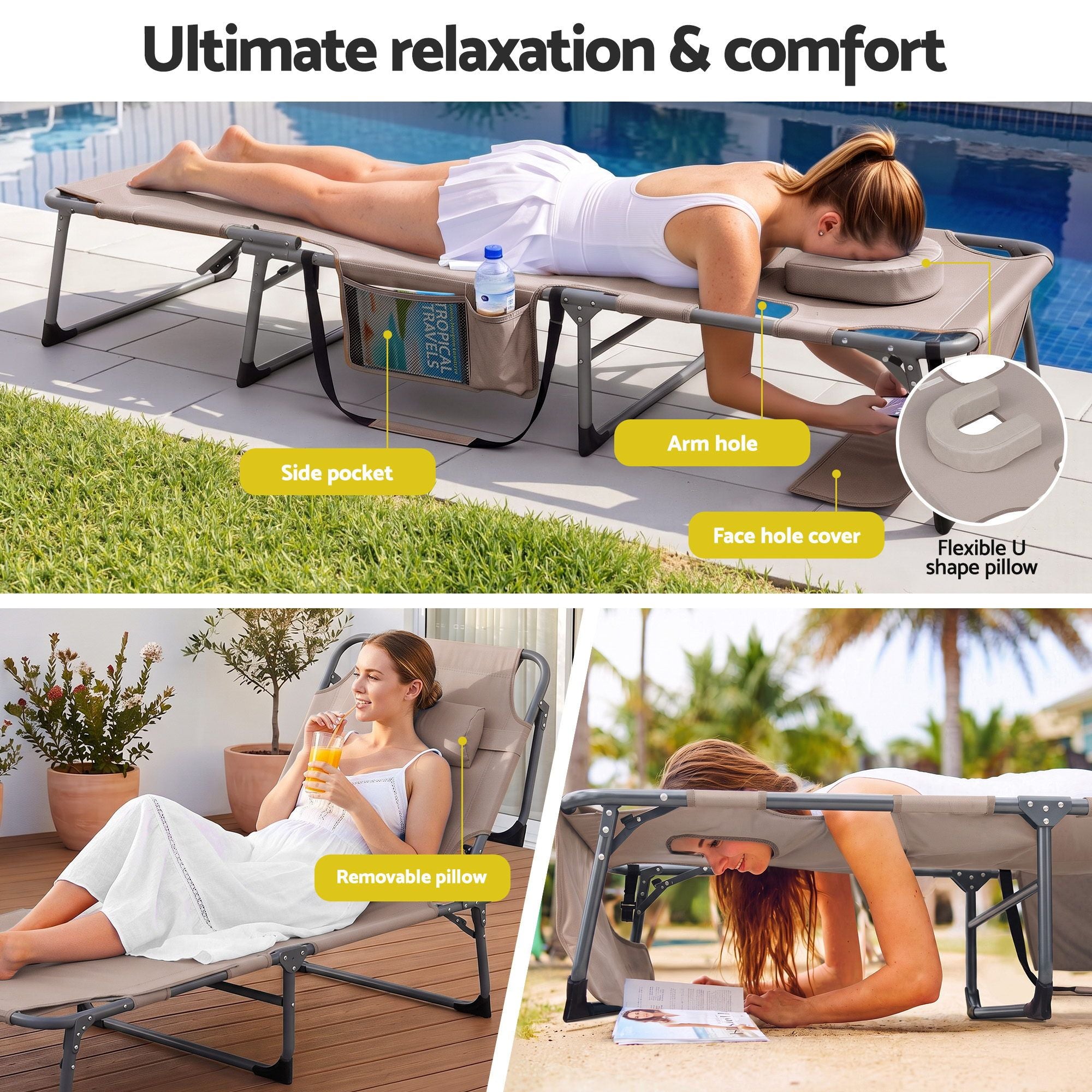 Gardeon 5-position folding sun lounger khaki - image 4