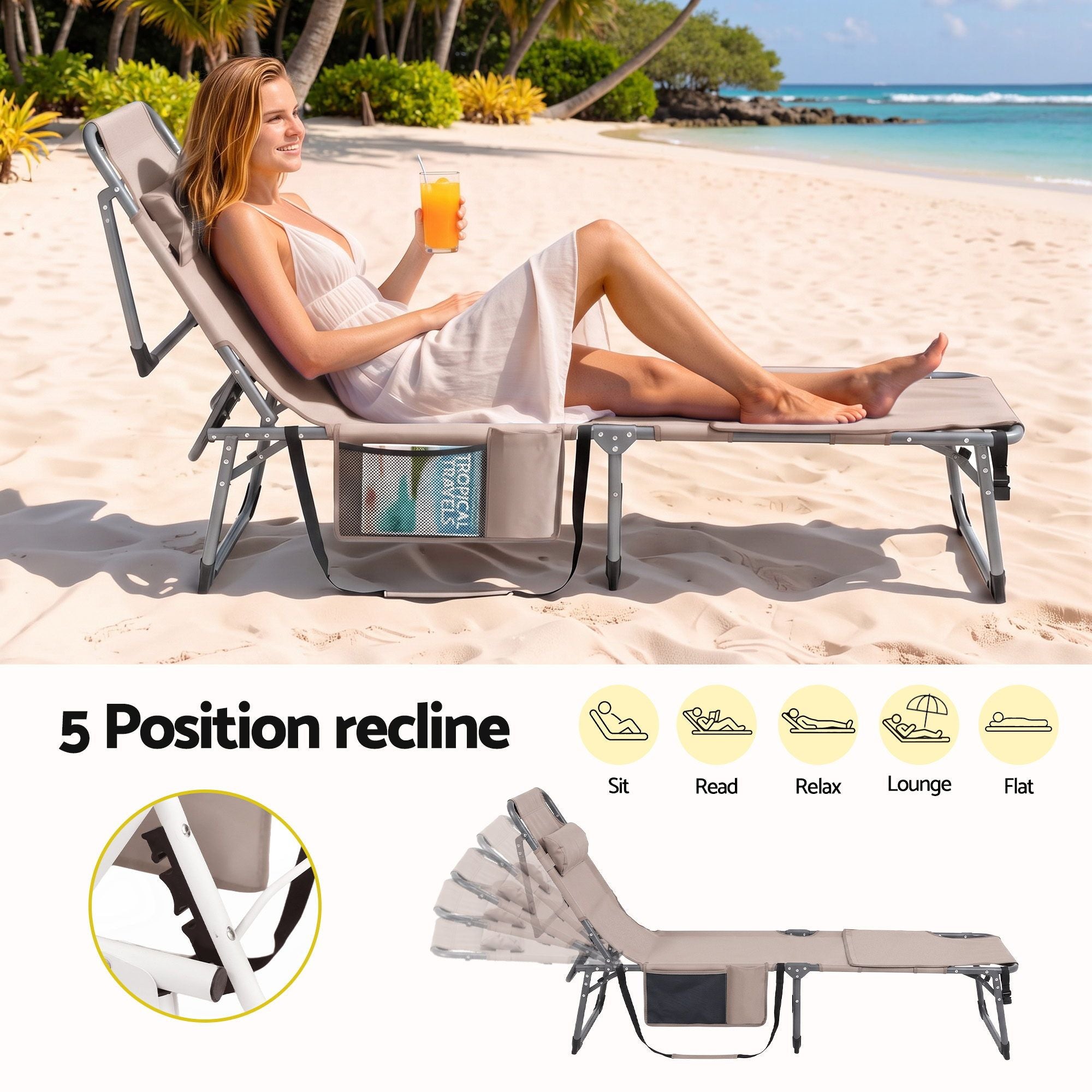 Gardeon 5-position folding sun lounger khaki - image 5