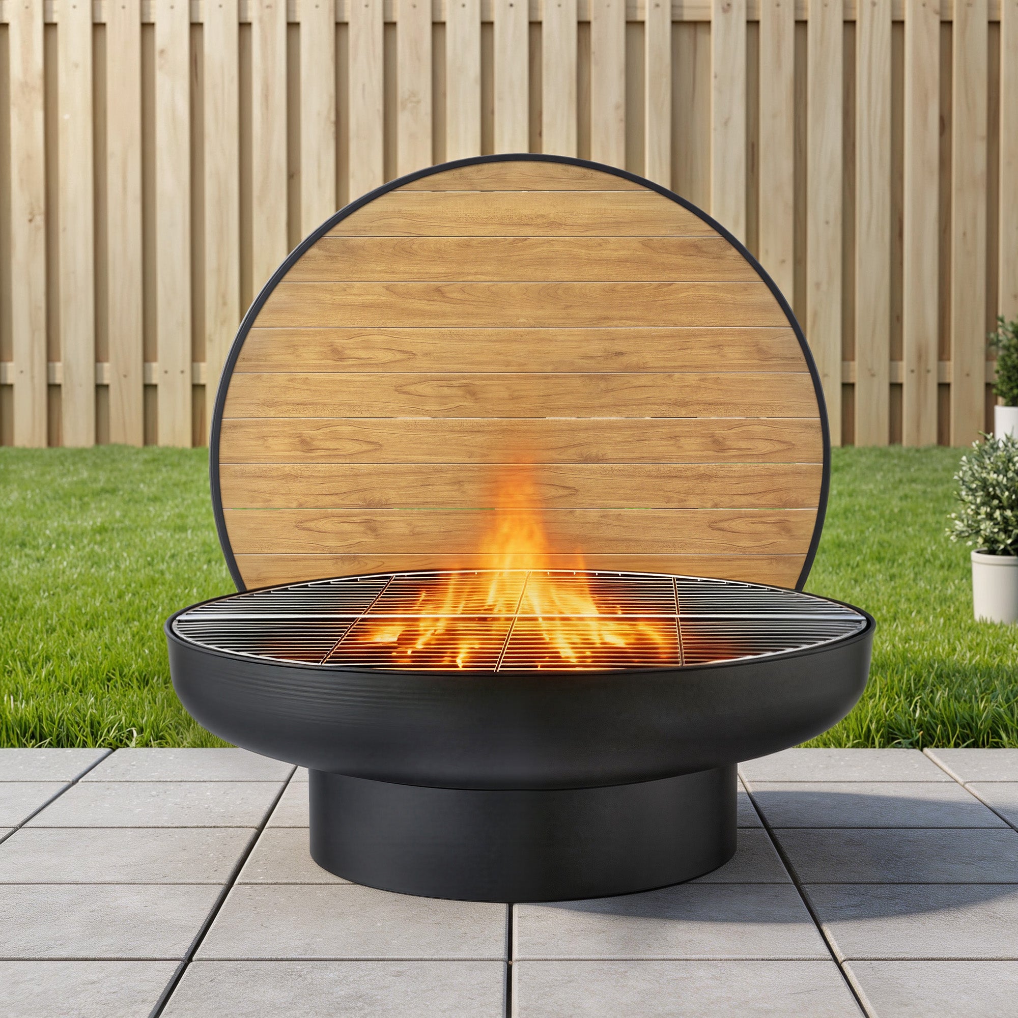 Grillz Fire Pit Table with Lid Deep Fire Bowl Wood Burning BBQ Grill for Backyard Camping Patio Picnic