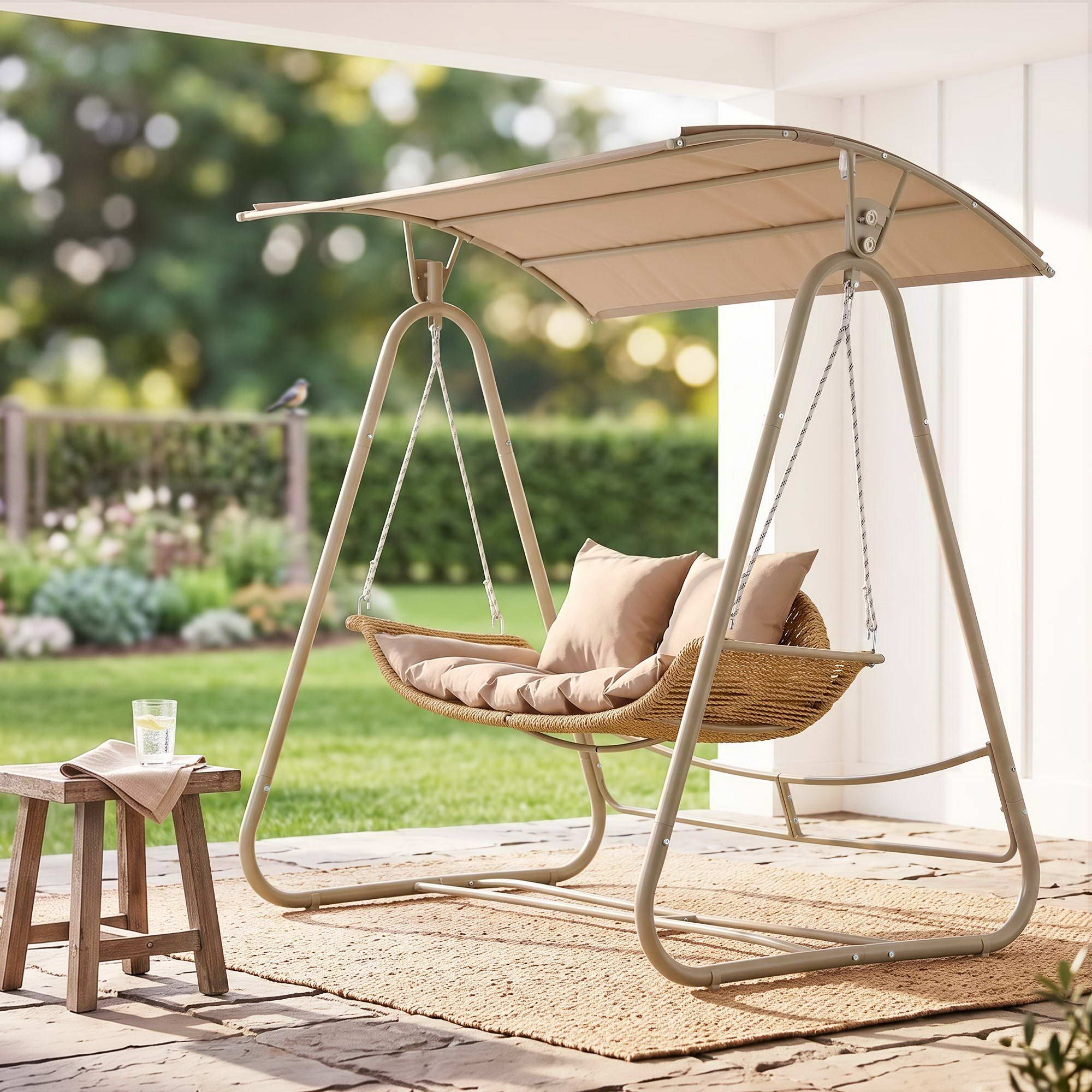 Gardeon 2-Seater Rattan Outdoor Swing Chair with Canopy – Beige
