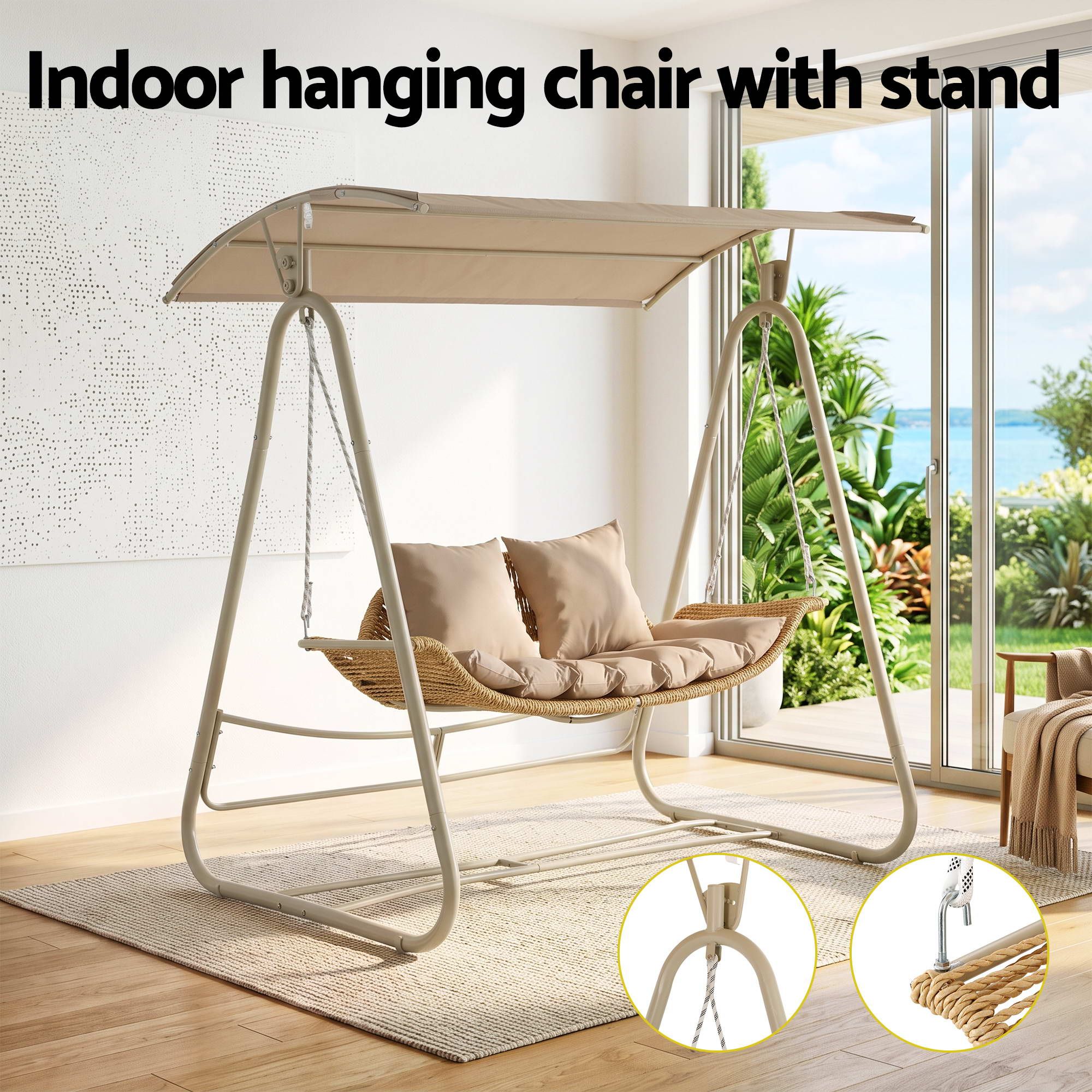 Gardeon 2-Seater Rattan Outdoor Swing Chair with Canopy – Beige – view 4