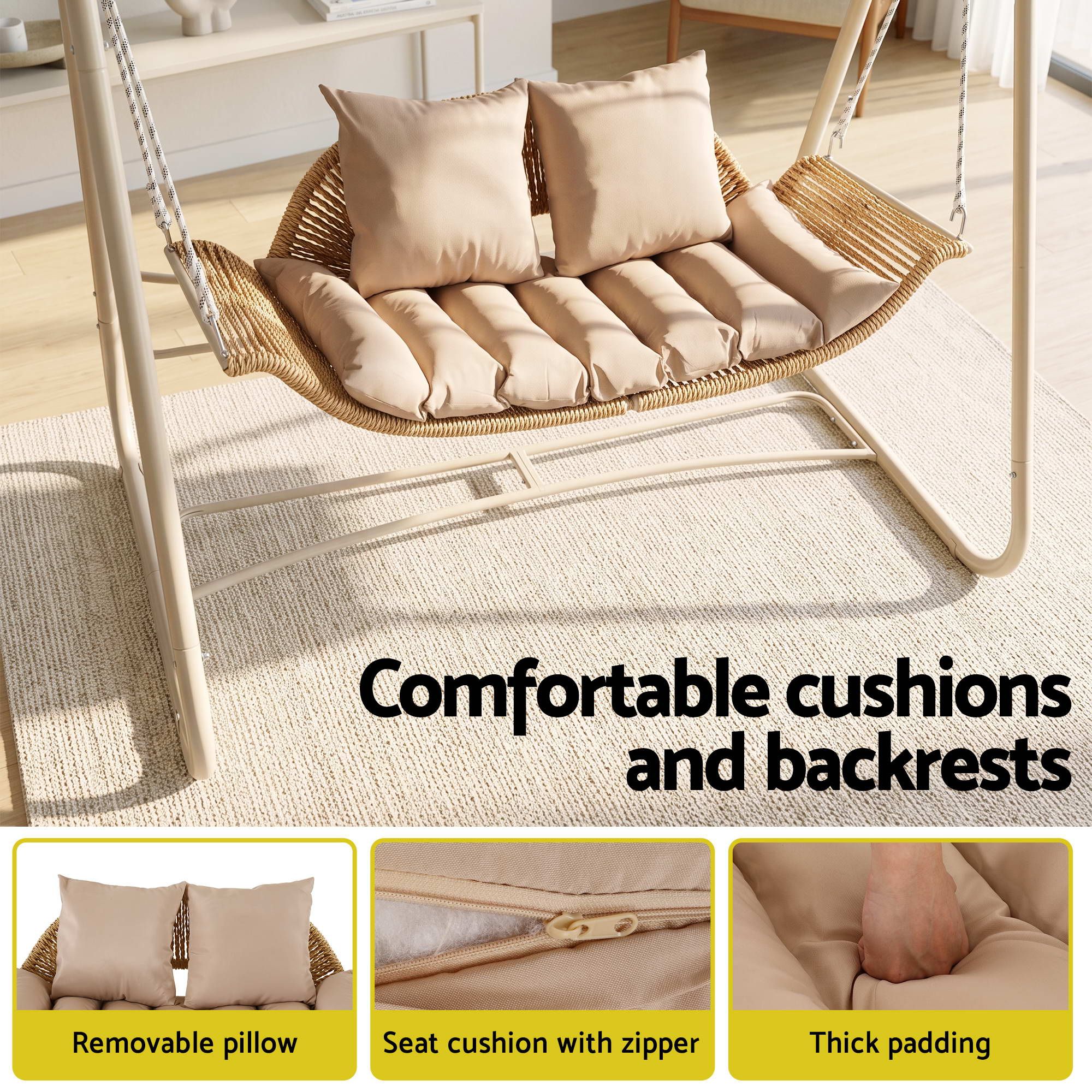Gardeon 2-Seater Rattan Outdoor Swing Chair with Canopy – Beige – view 5