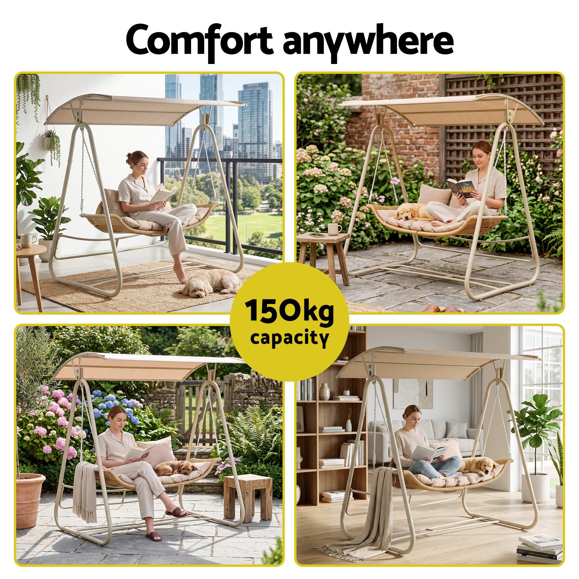 Gardeon 2-Seater Rattan Outdoor Swing Chair with Canopy – Beige – view 7