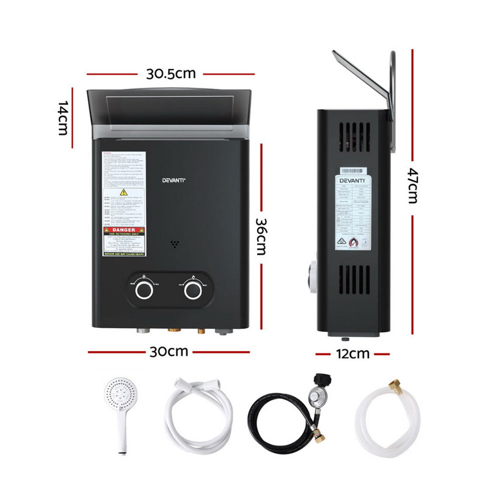 Devanti Portable Gas Water Heater LPG-powered System Black