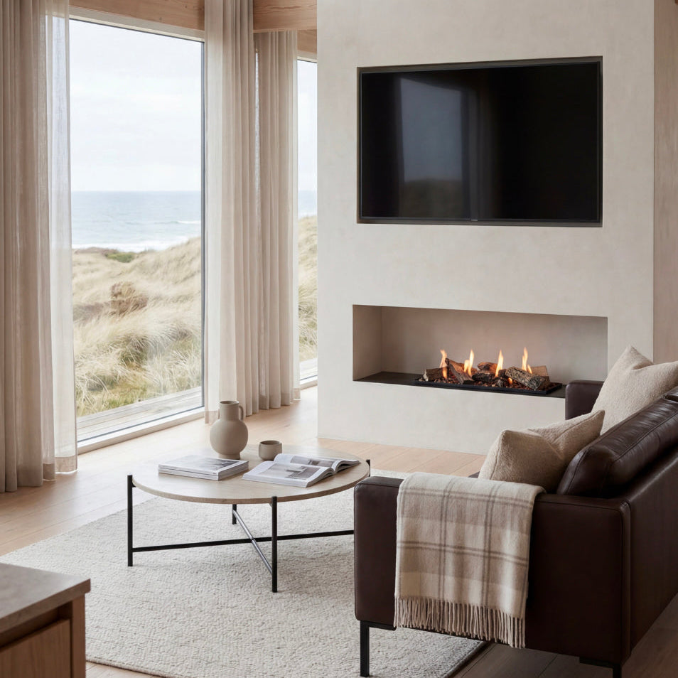Modern living room with a fireplace, television, and large windows overlooking a scenic view.