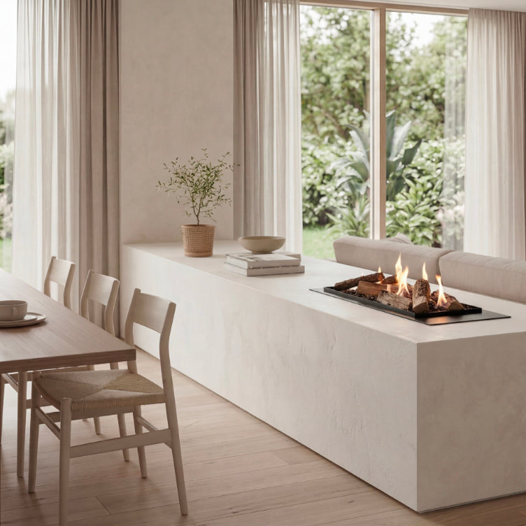 Modern living room with a fireplace, dining table, and chairs.