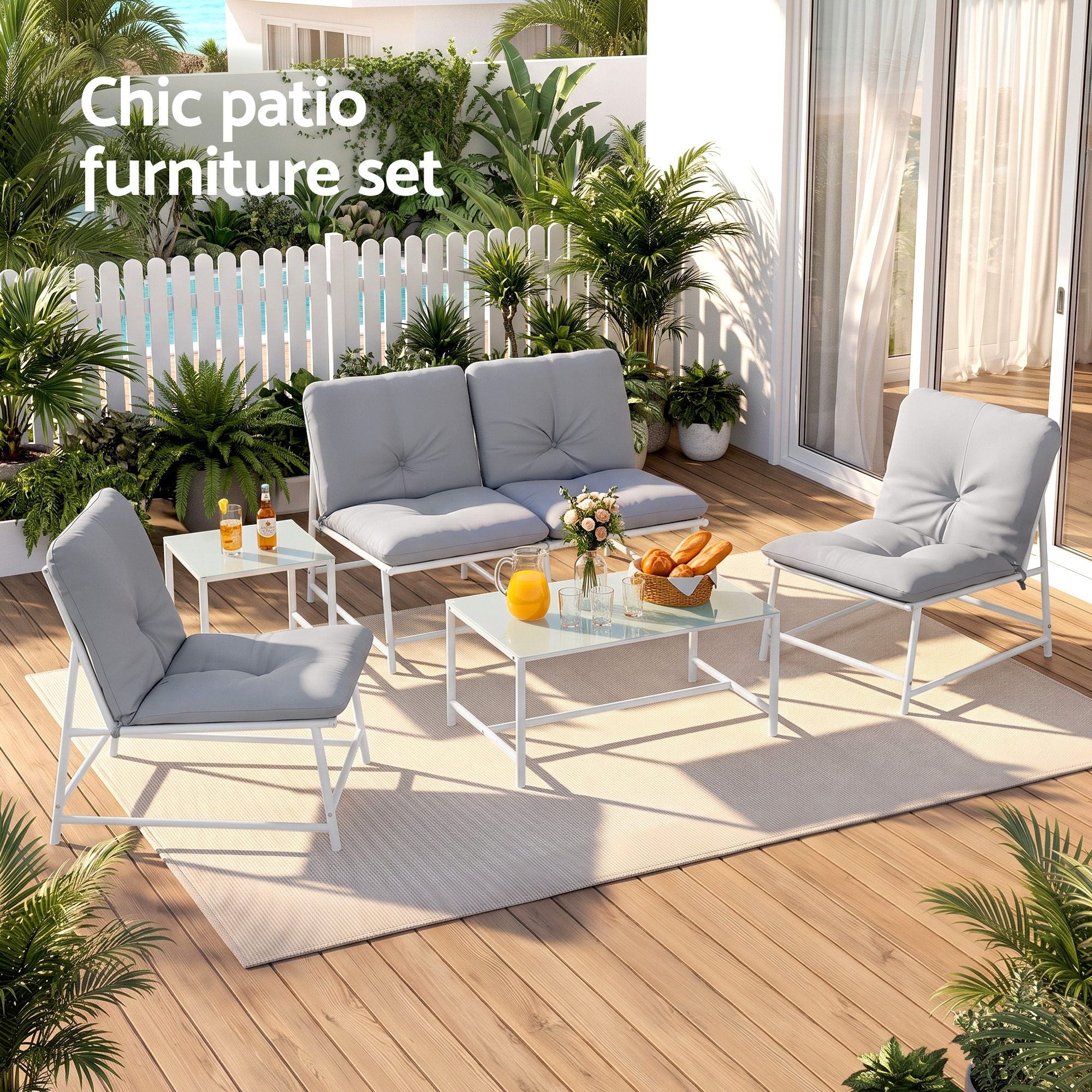 Gardeon 5-Piece Outdoor Sofa Set with Cushions – White & Grey – view 4