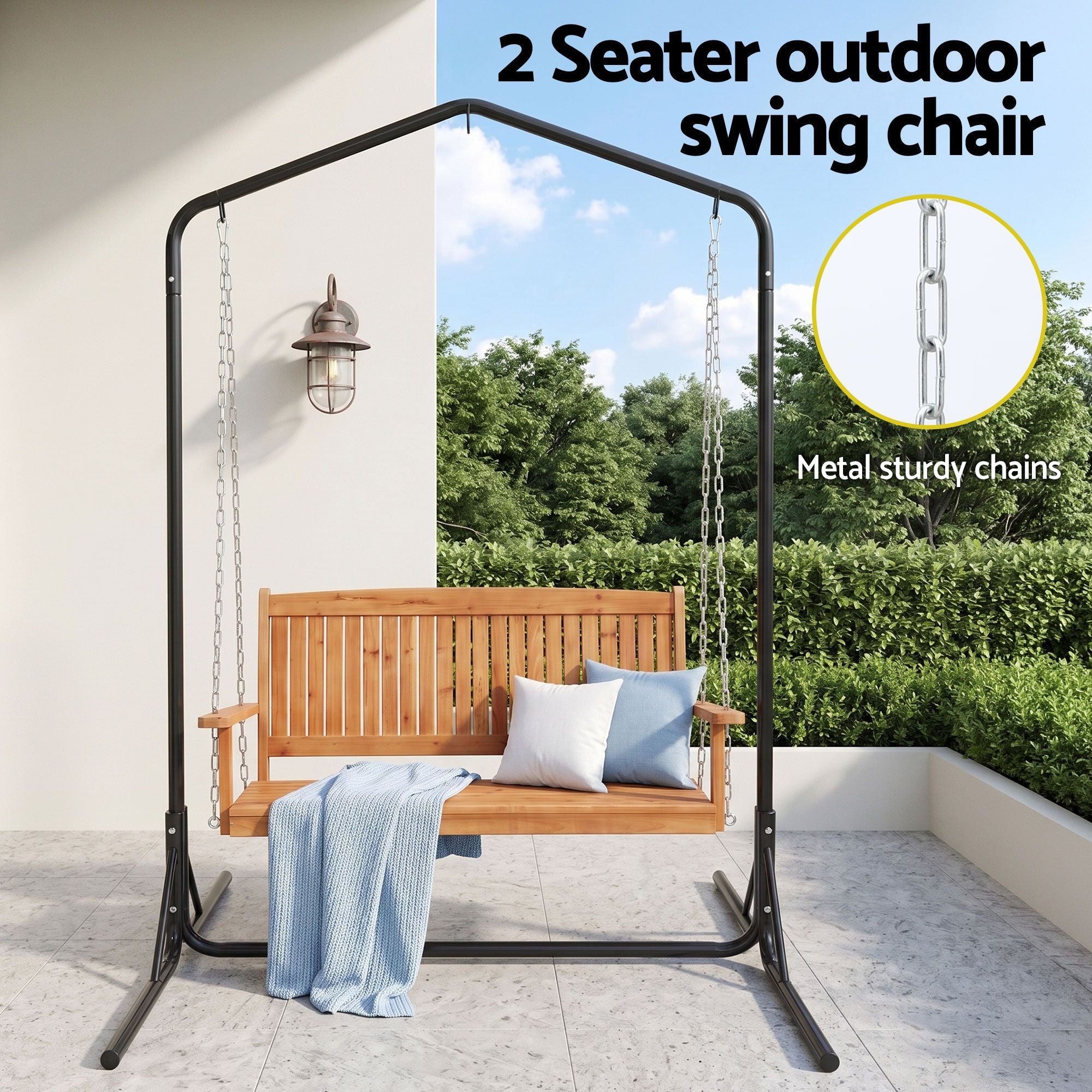 Gardeon 2-Seater Wooden Outdoor Swing Chair with Stand – Teak – view 4