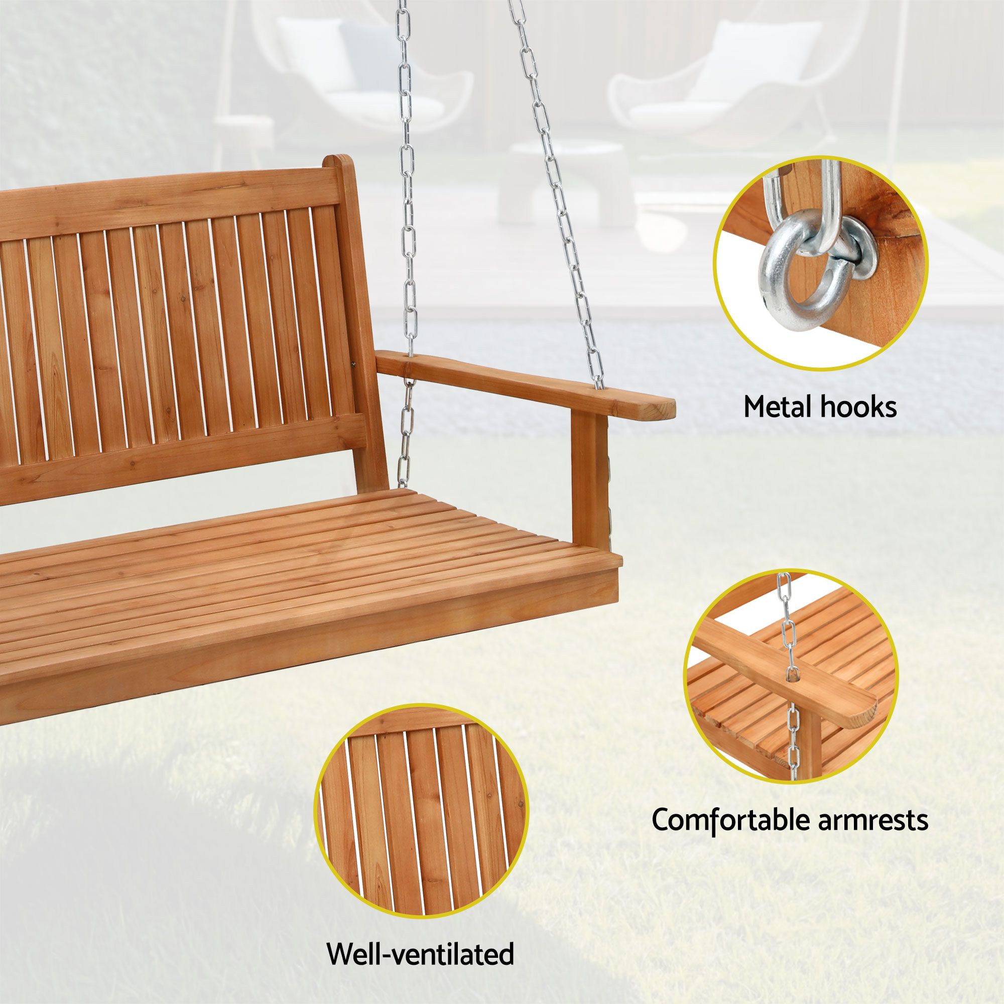 Gardeon 2-Seater Wooden Outdoor Swing Chair with Stand – Teak – view 5