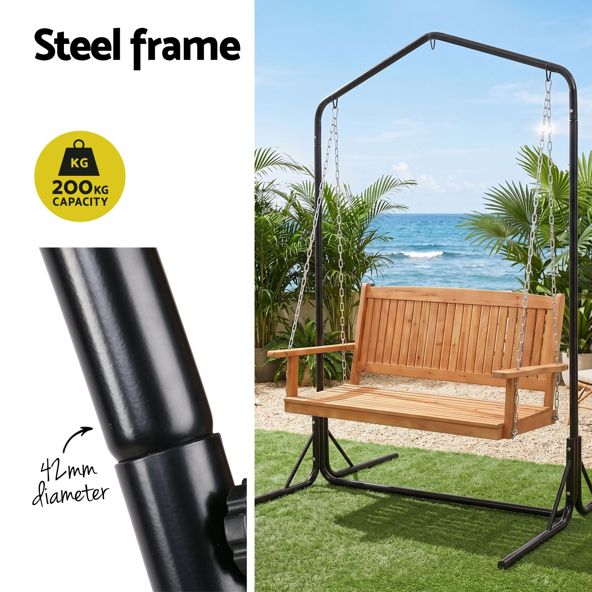 Gardeon 2-Seater Wooden Outdoor Swing Chair with Stand – Teak – view 6