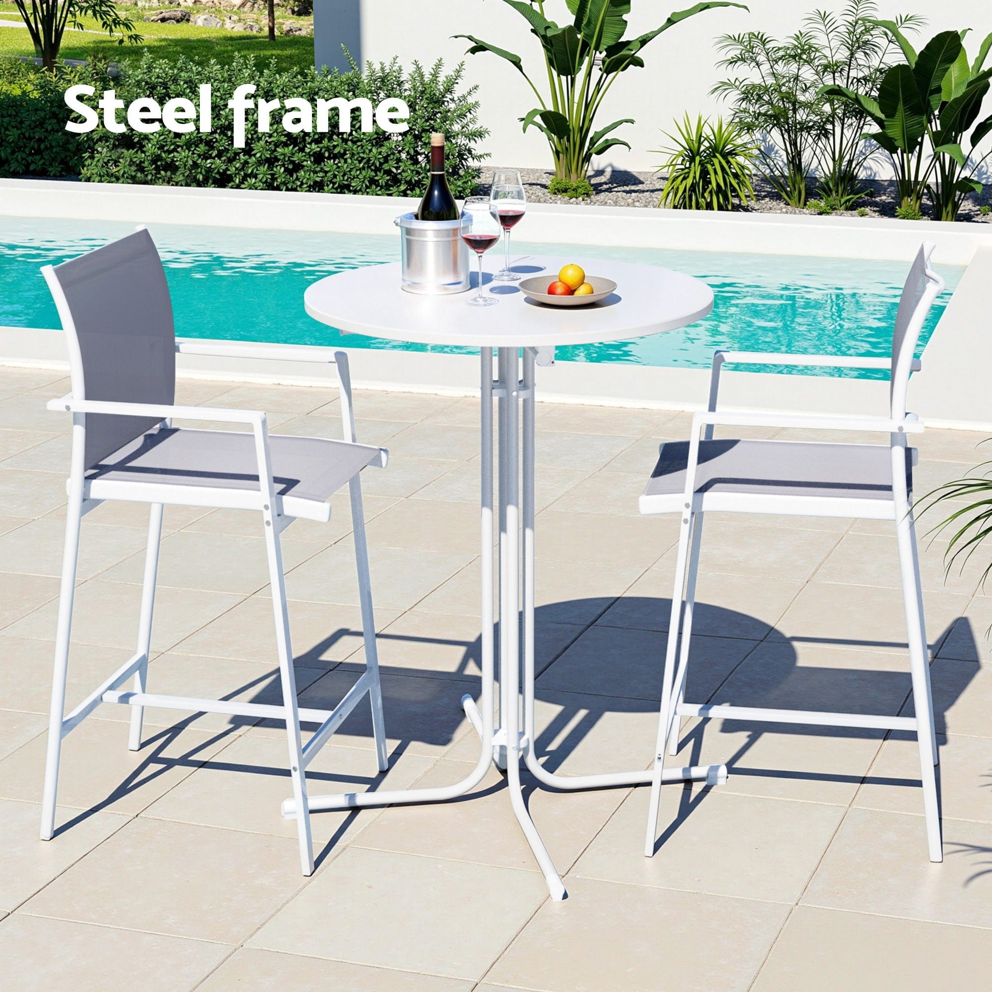 Gardeon 3PC Outdoor Bar Set Stools Dining Chairs Table Patio Furniture Bistro Set Steel White
