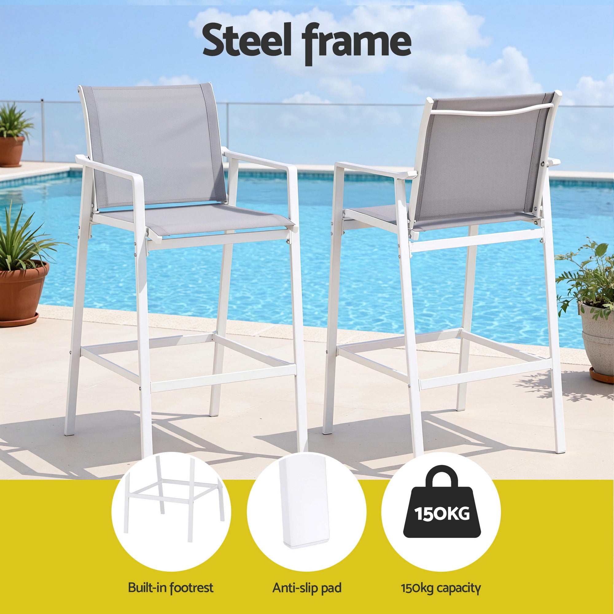 Gardeon 3PC Outdoor Bar Set Stools Dining Chairs Table Patio Furniture Bistro Set Steel White