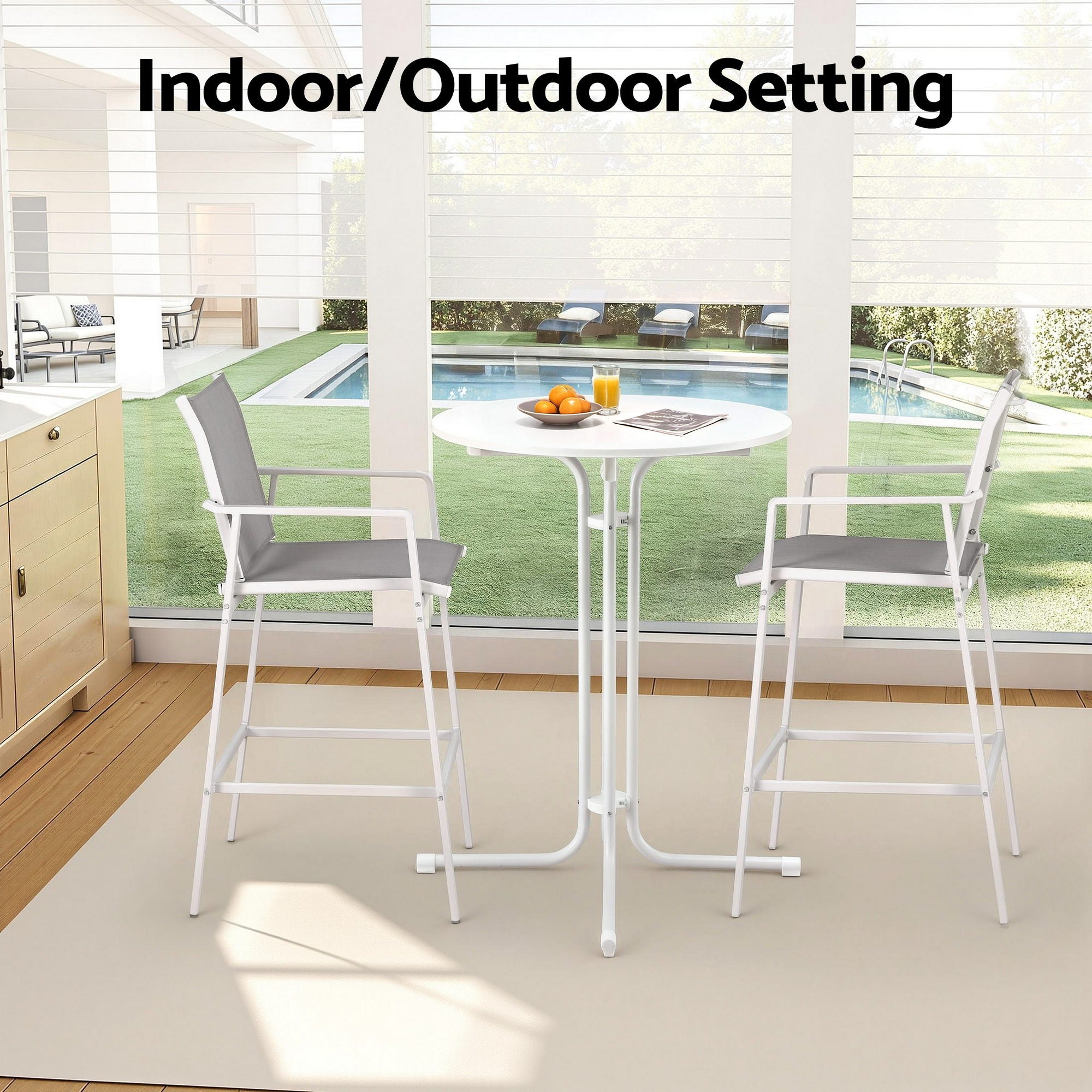 Gardeon 3PC Outdoor Bar Set Stools Dining Chairs Table Patio Furniture Bistro Set Steel White