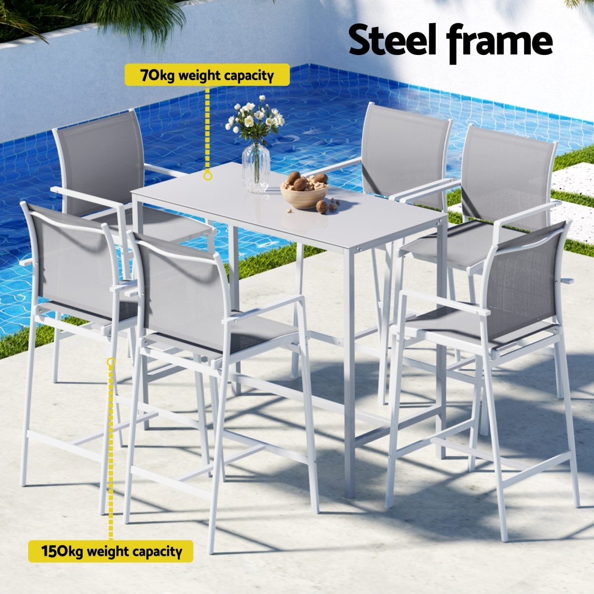 Gardeon 7PCS Outdoor Bar Set Stools Dining Chairs Table Patio Steel Bistro Set White