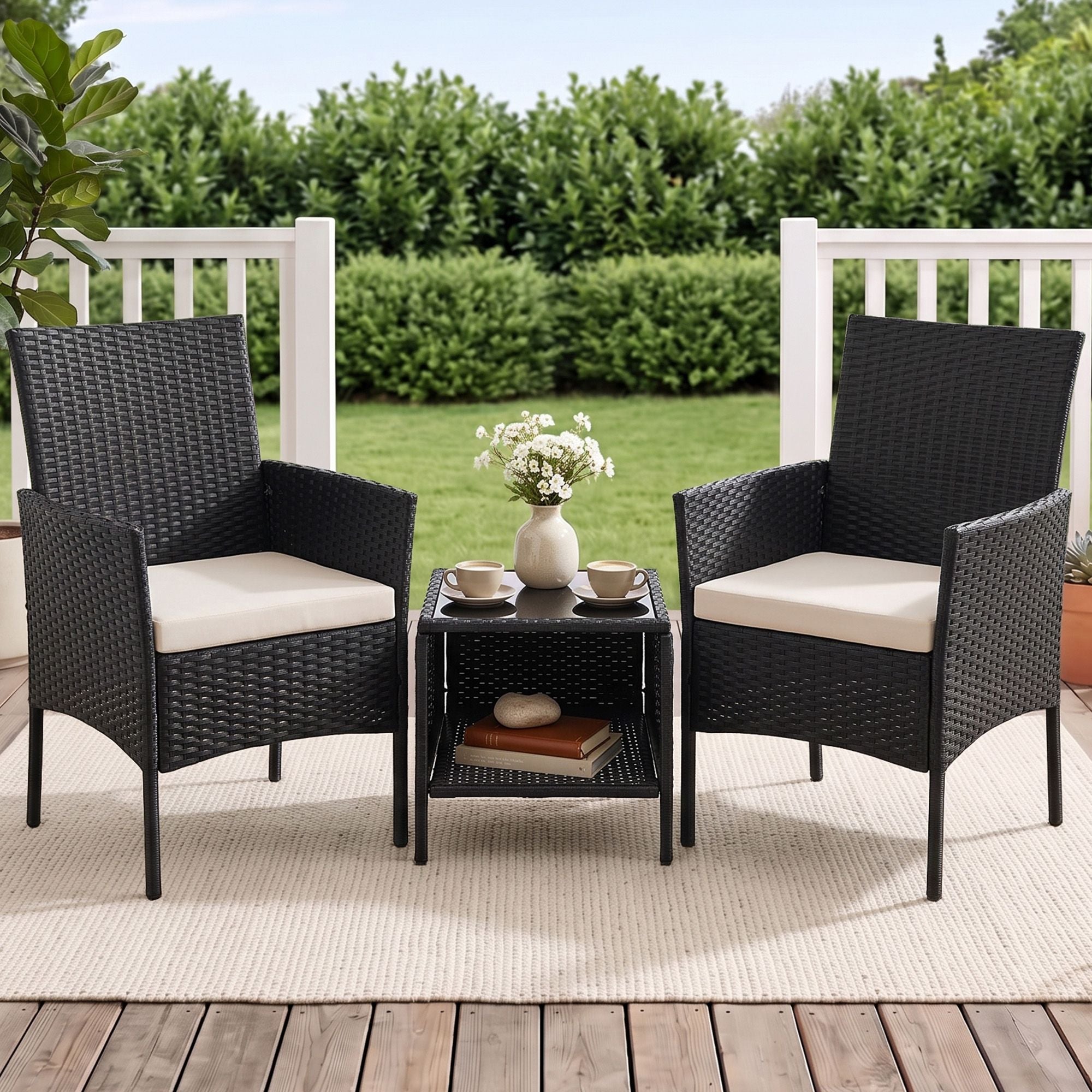 Gardeon 3PC Outdoor Bistro Set Patio Furniture Wicker Chairs Table Cushion Black