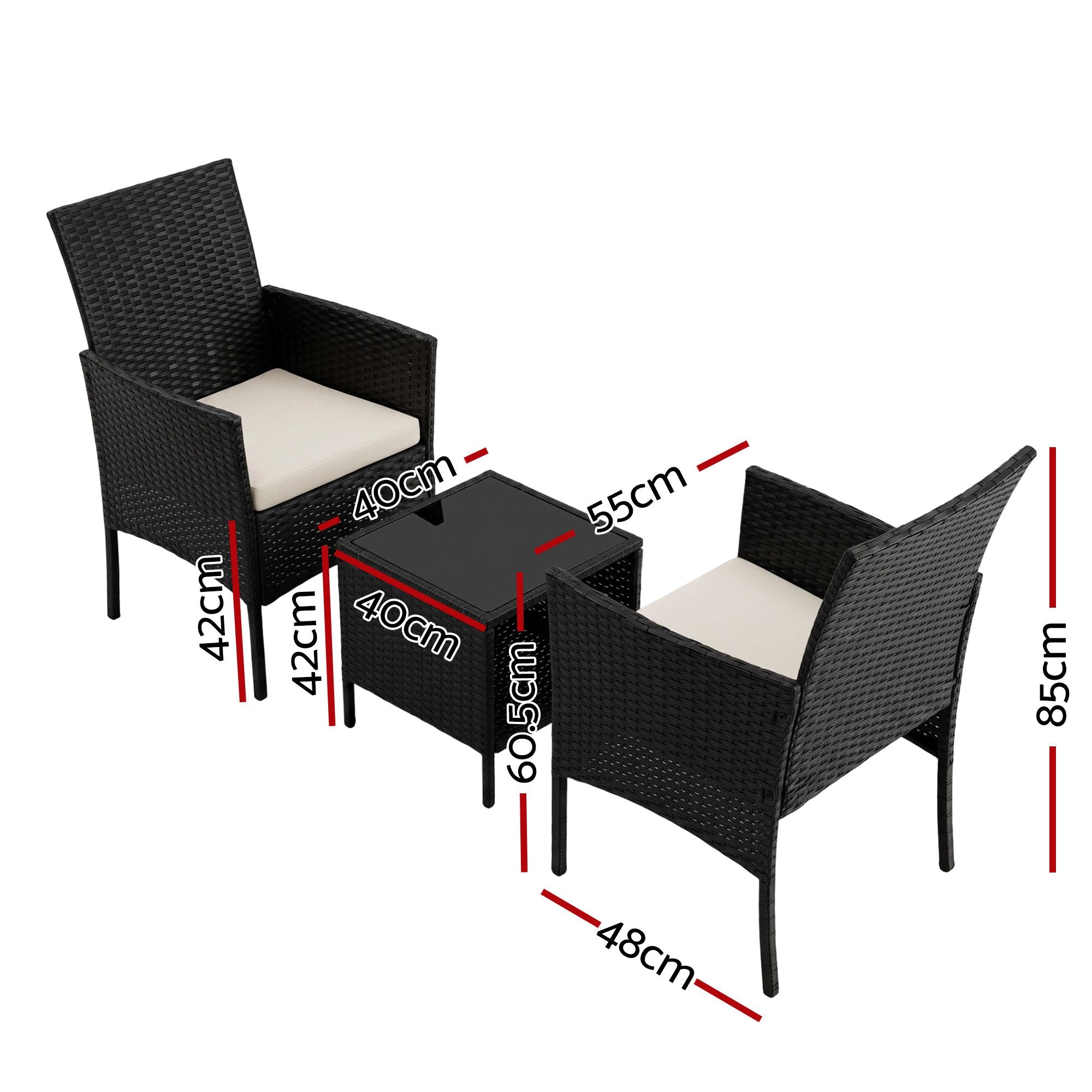 Gardeon 3PC Outdoor Bistro Set Patio Furniture Wicker Chairs Table Cushion Black