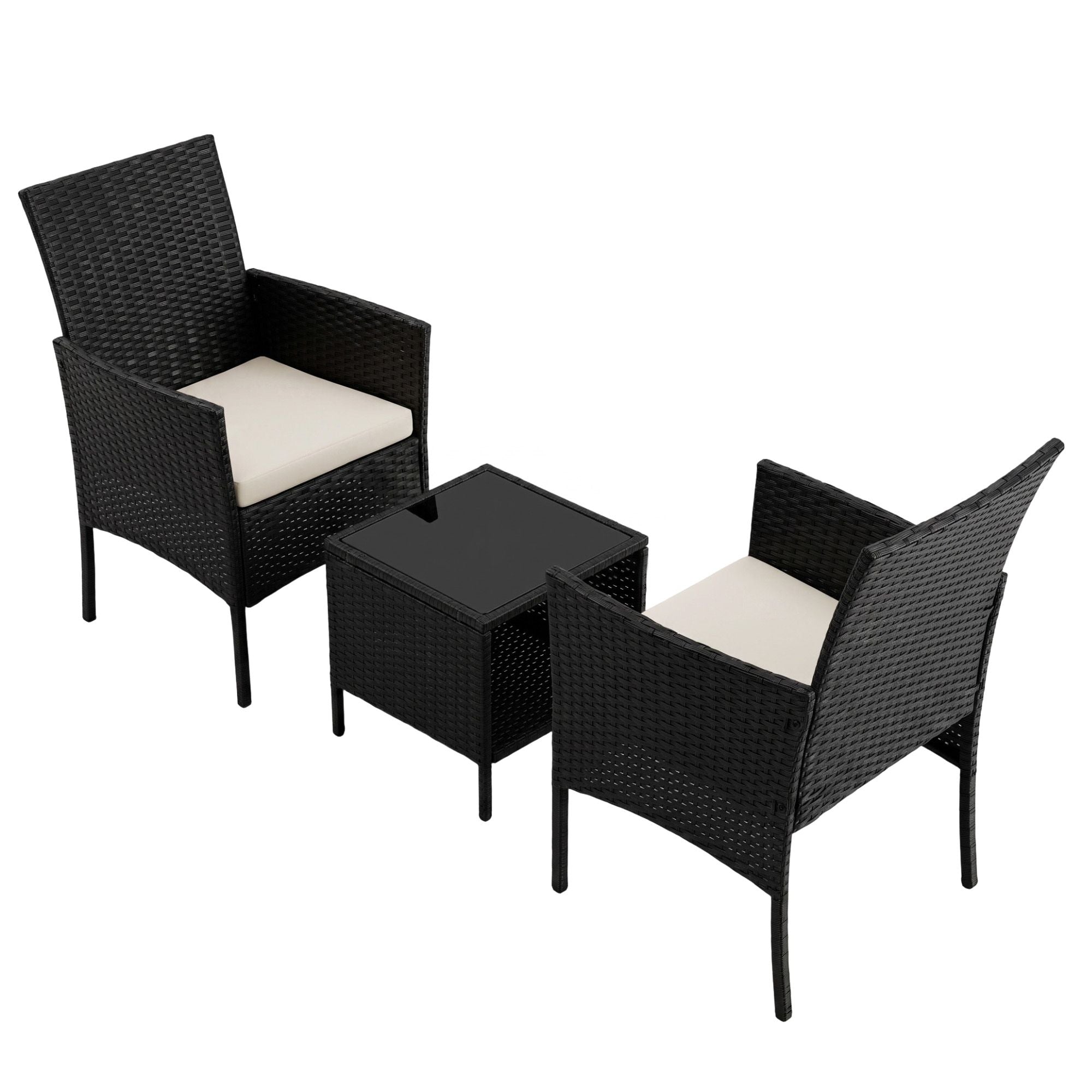 Gardeon 3PC Outdoor Bistro Set Patio Furniture Wicker Chairs Table Cushion Black