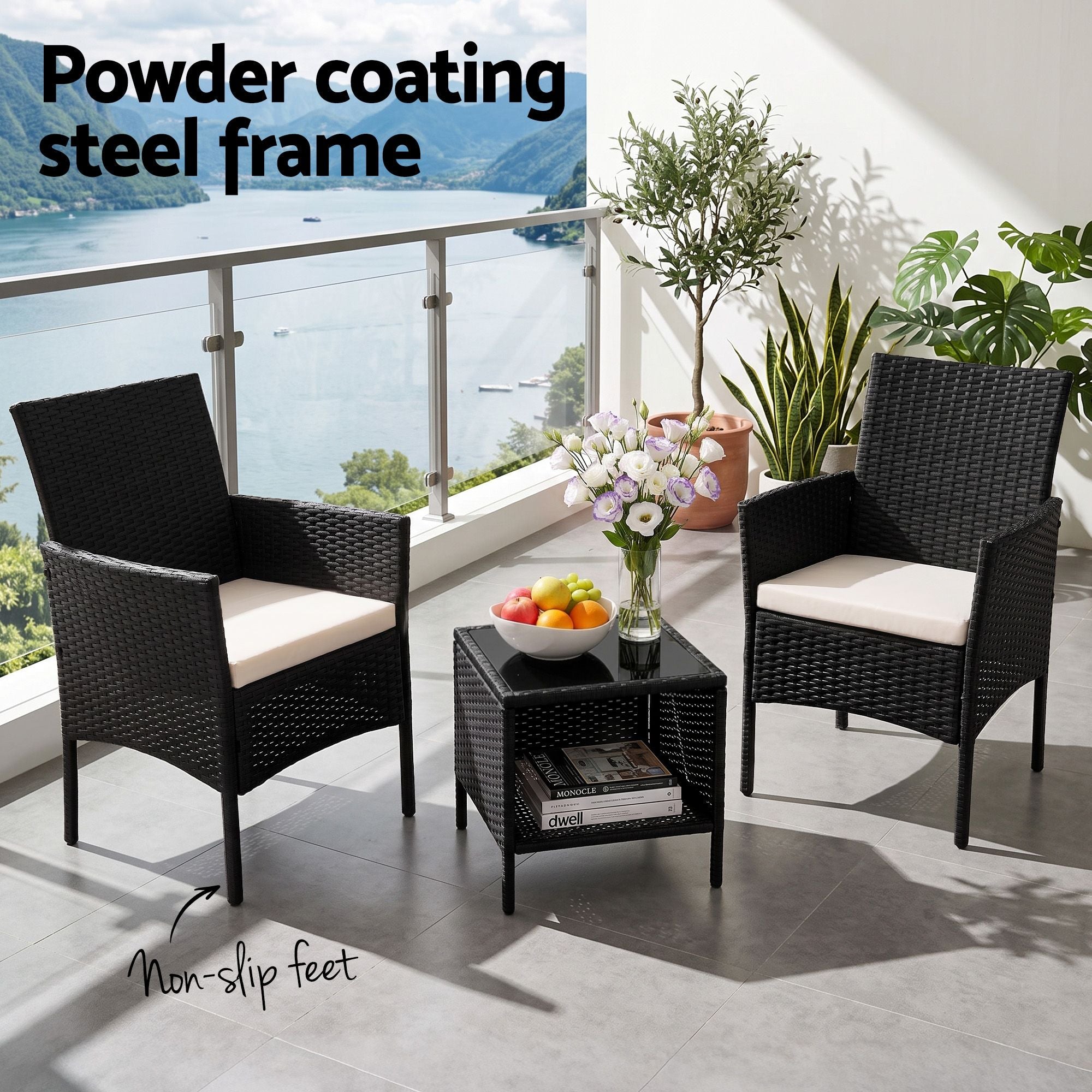 Gardeon 3PC Outdoor Bistro Set Patio Furniture Wicker Chairs Table Cushion Black