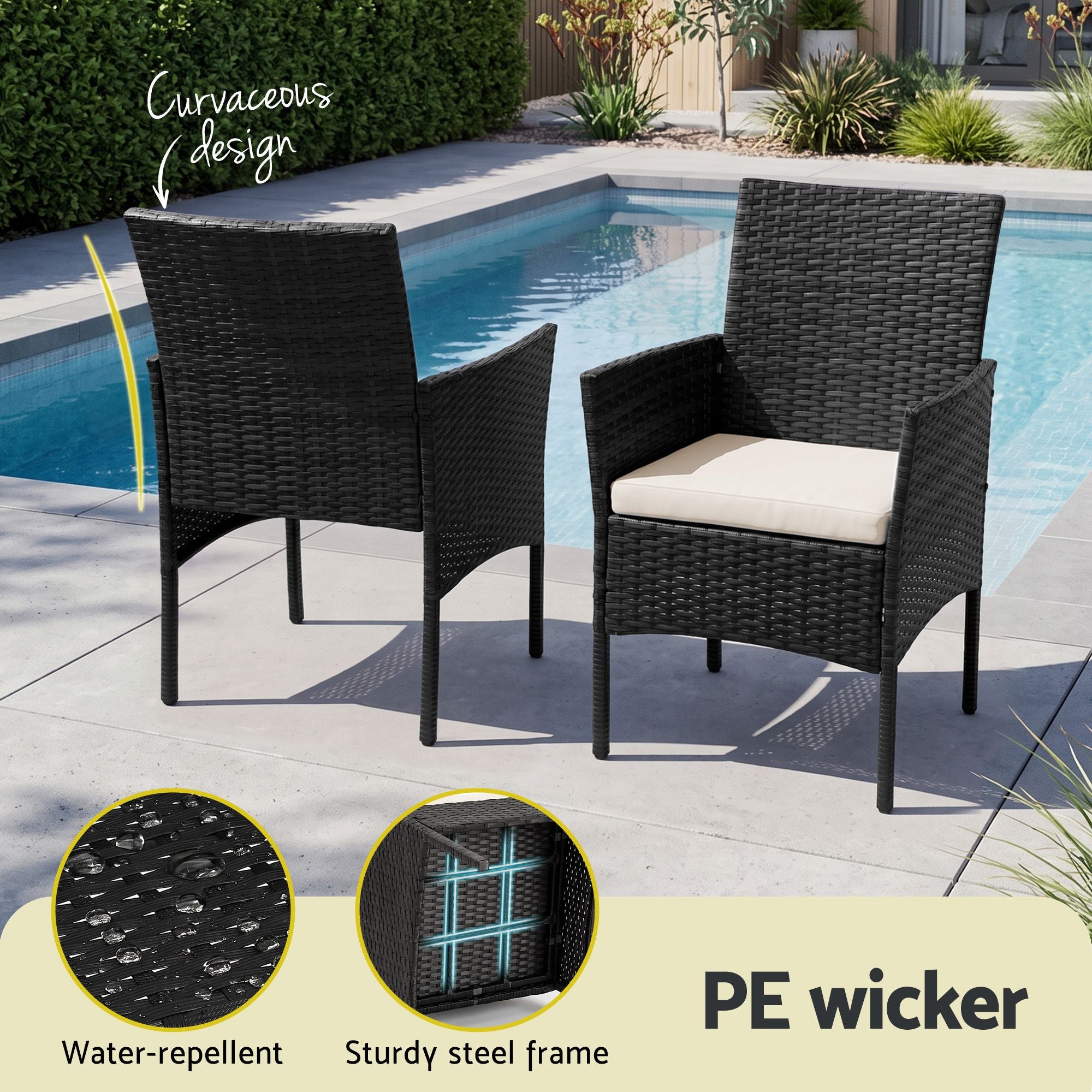 Gardeon 3PC Outdoor Bistro Set Patio Furniture Wicker Chairs Table Cushion Black