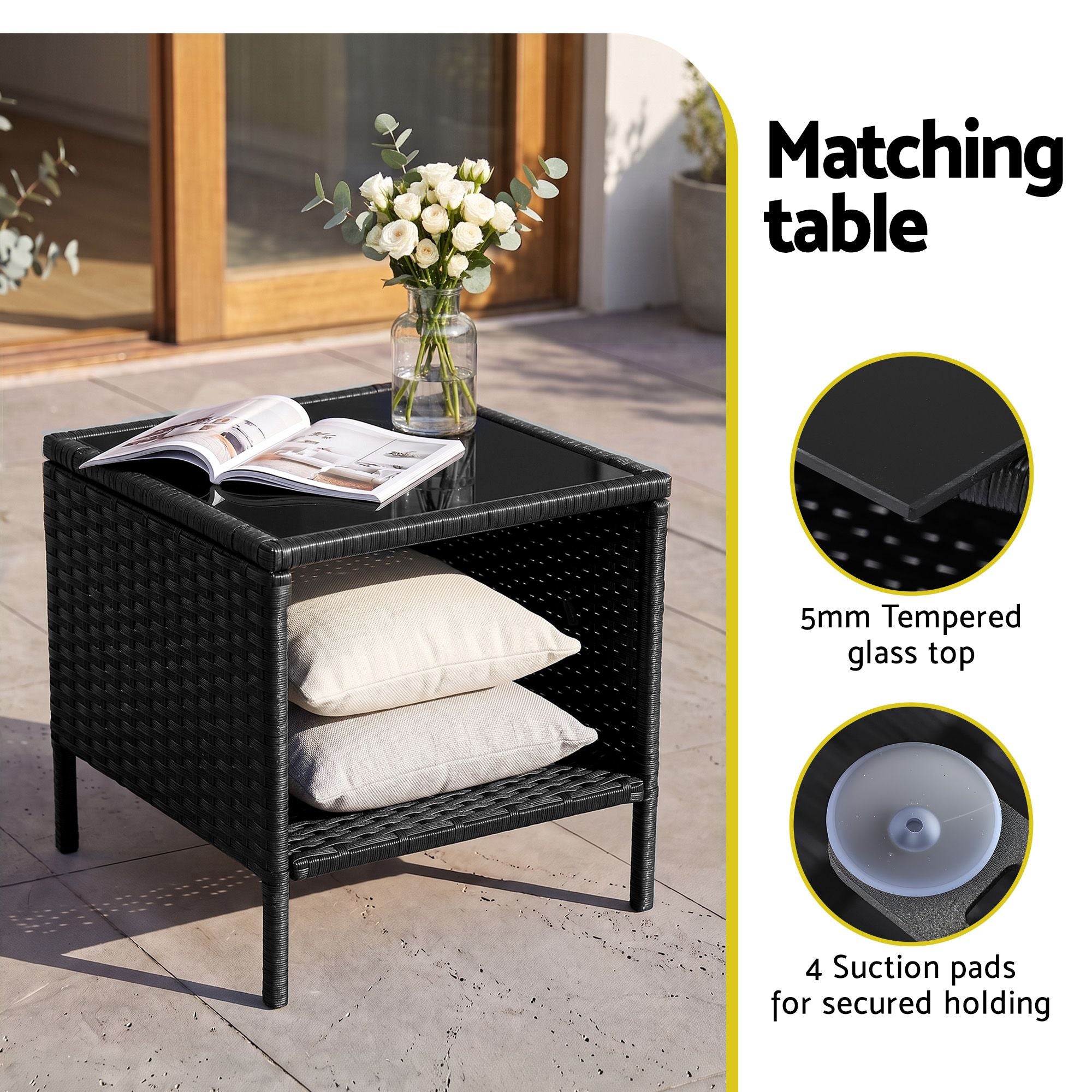 Gardeon 3PC Outdoor Bistro Set Patio Furniture Wicker Chairs Table Cushion Black