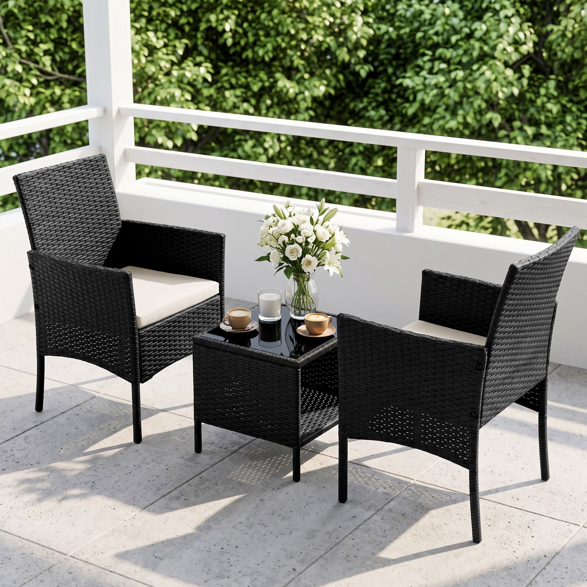 Gardeon 3PC Outdoor Bistro Set Patio Furniture Wicker Chairs Table Cushion Black