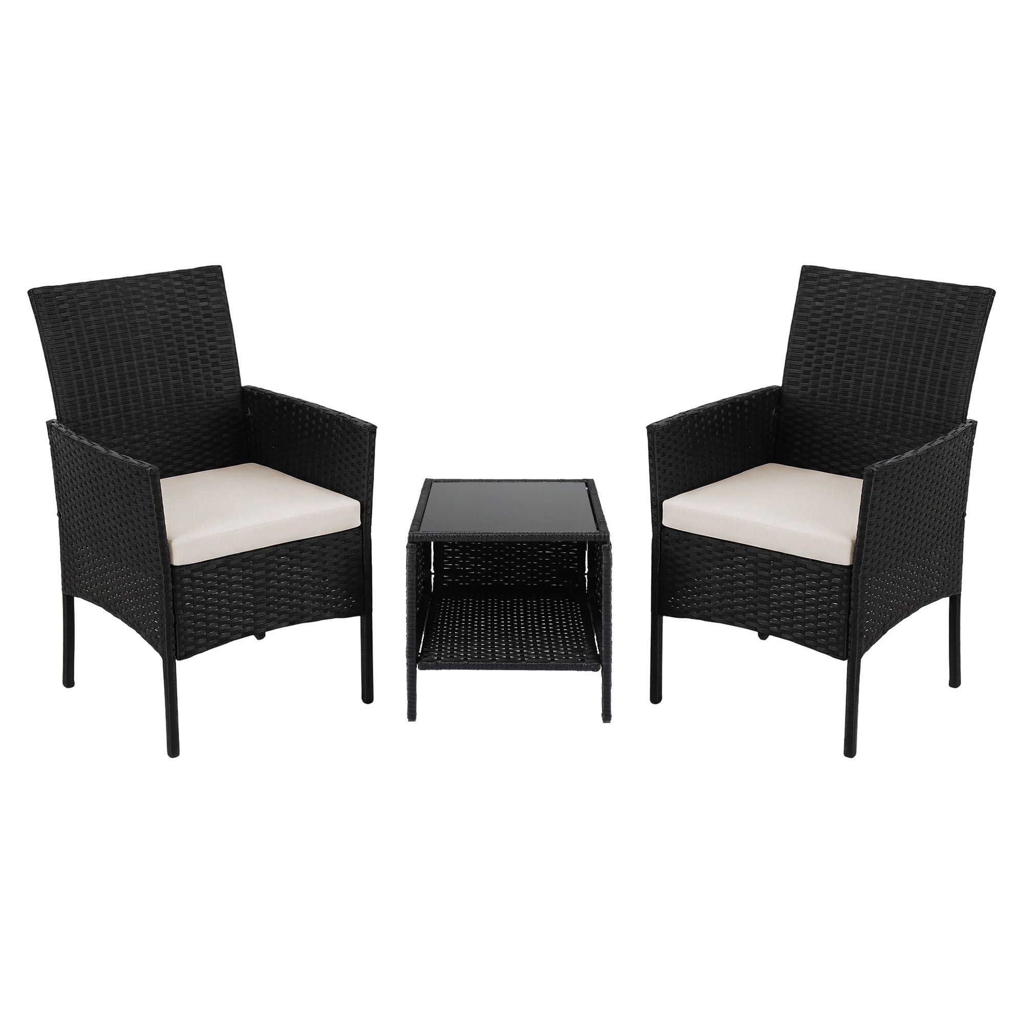 Gardeon 3PC Outdoor Bistro Set Patio Furniture Wicker Chairs Table Cushion Black