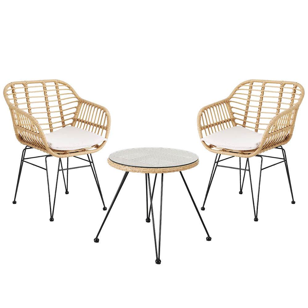 Gardeon 3PC Outdoor Furniture Bistro Set Lounge Setting Table Chairs Cushion Patio Grey | Outdoorium