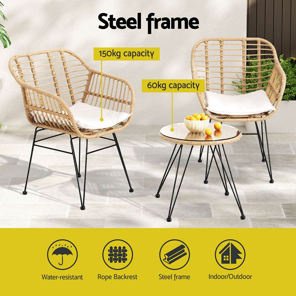 Gardeon 3PC Outdoor Furniture Bistro Set Lounge Setting Table Chairs Cushion Patio Grey | Outdoorium