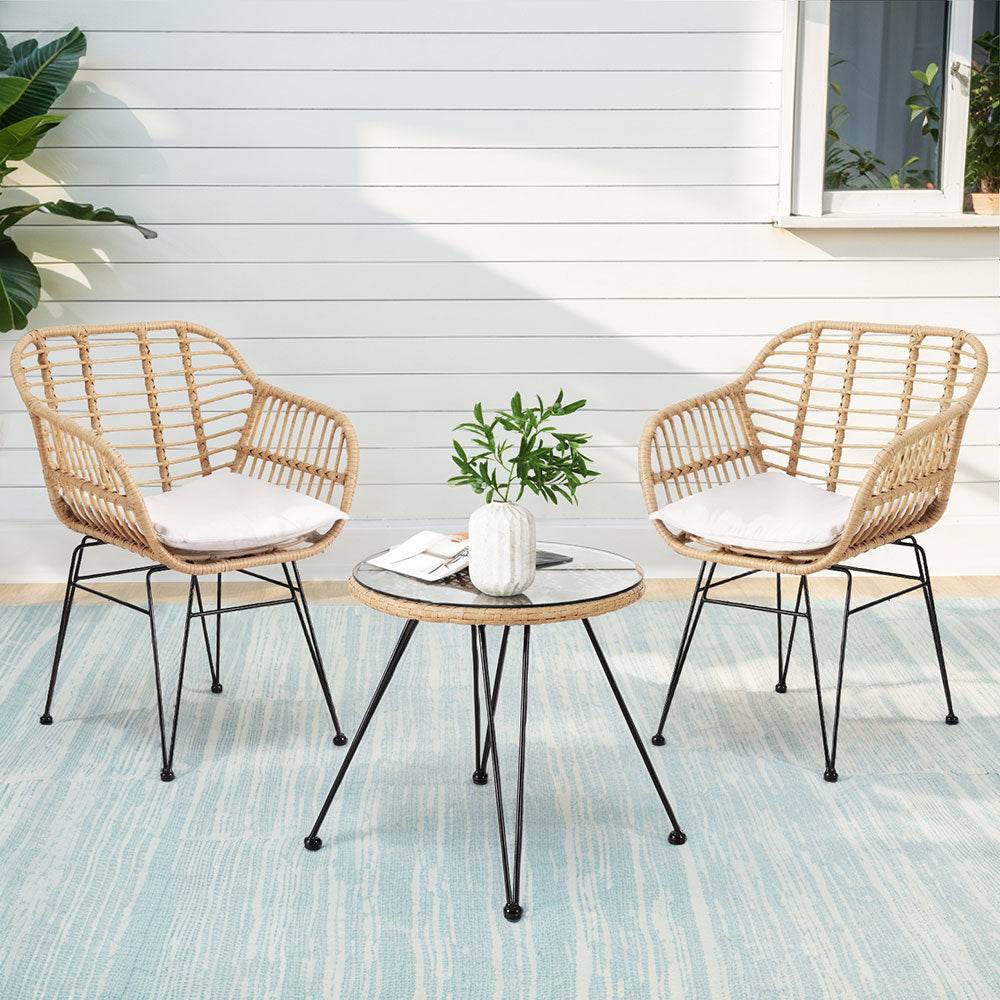 Gardeon 3PC Outdoor Furniture Bistro Set Lounge Setting Table Chairs Cushion Patio Grey | Outdoorium