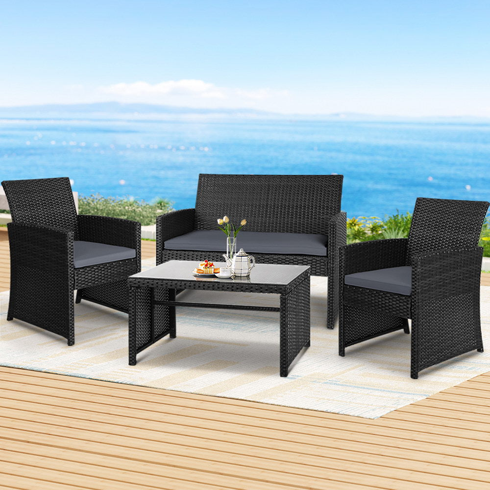 Gardeon 4-Piece Black Rattan Outdoor Sofa Lounge Set - Full View