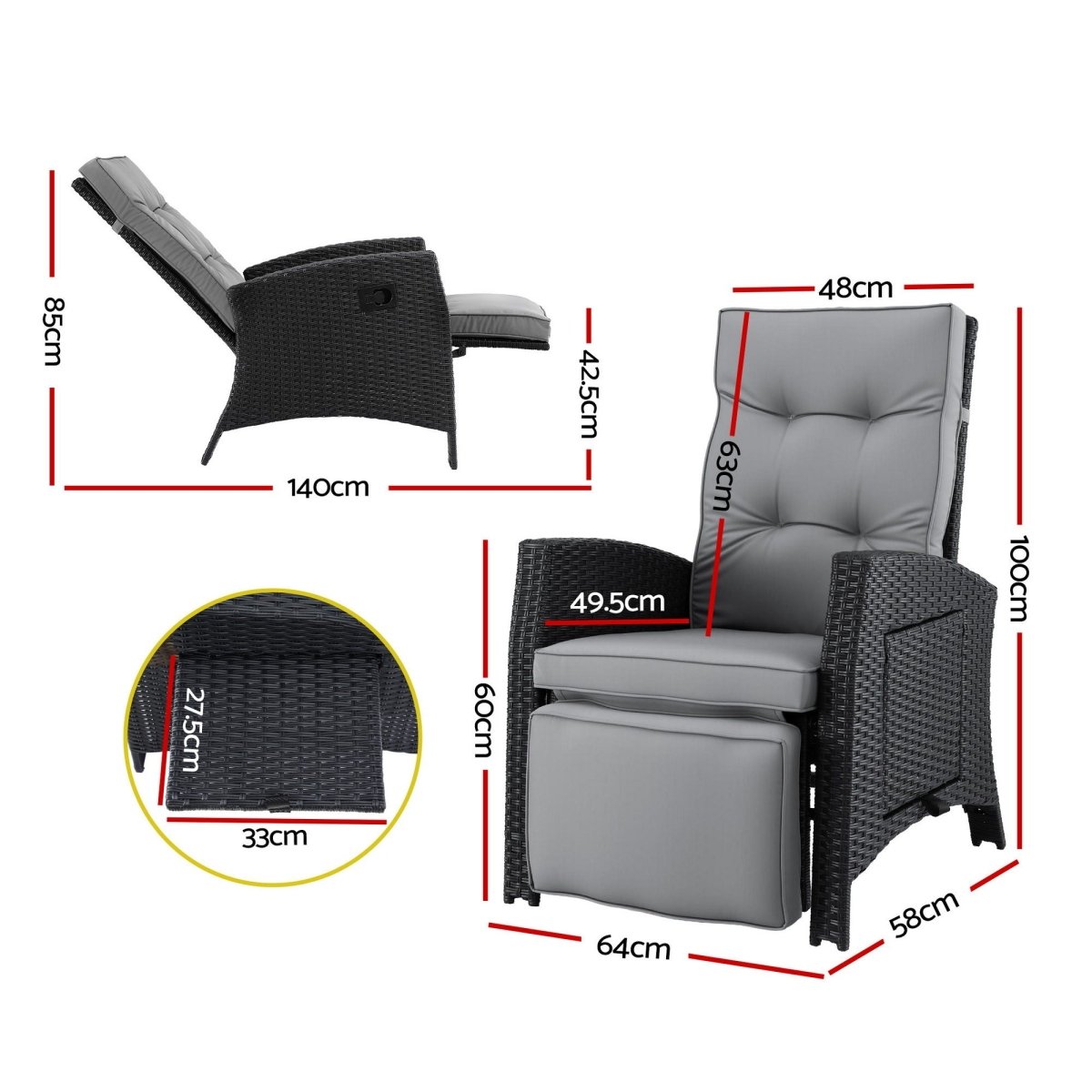 Gardeon Outdoor Recliner Chairs Sun lounge Wicker Lounger Patio Furniture Adjustable Black