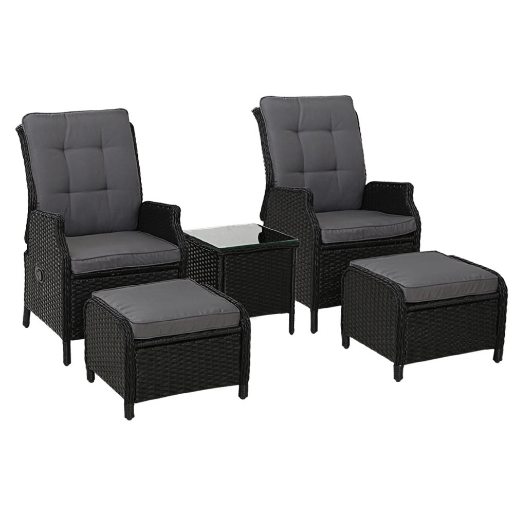 Gardeon 5-Piece Black Wicker Outdoor Recliner & Table Set