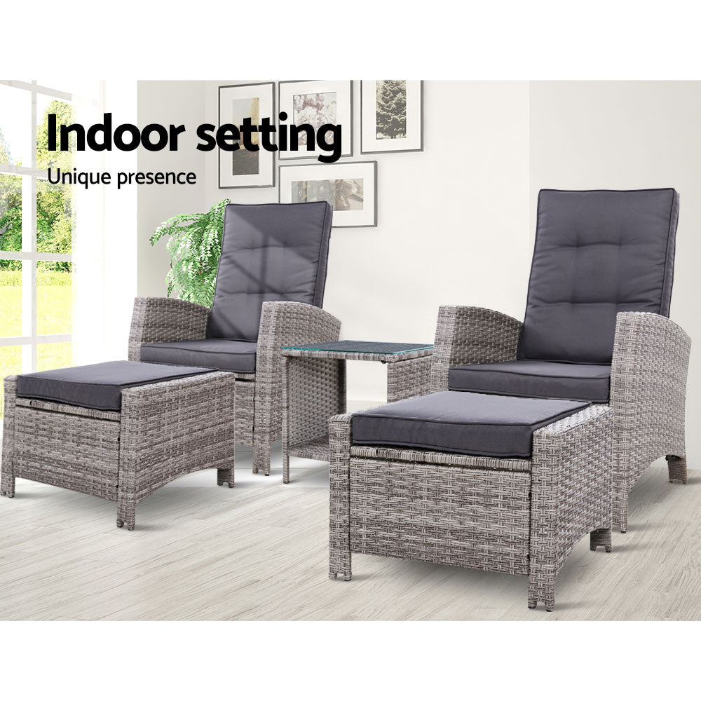 5-Piece Wicker Recliner Set – Gardeon Grey