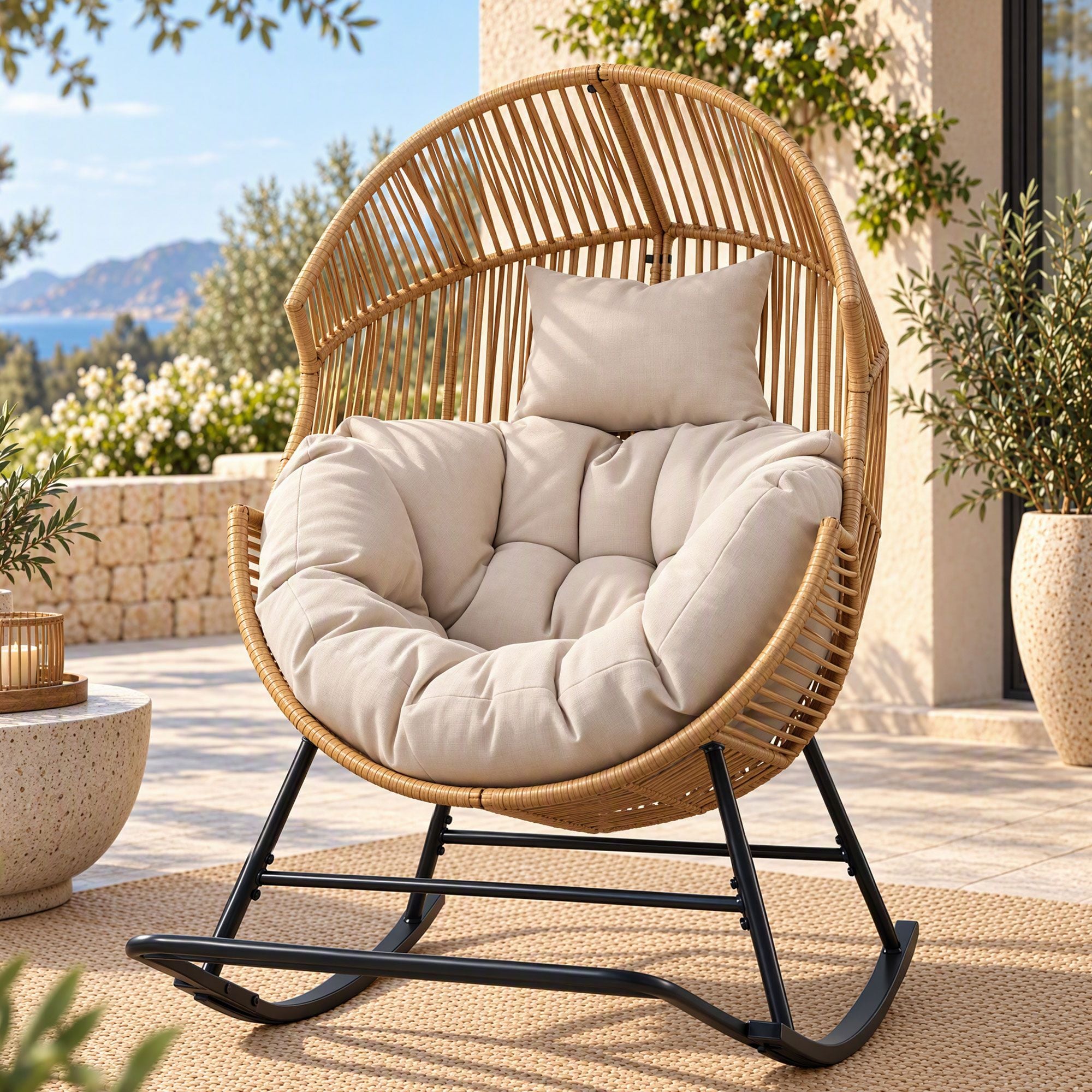 Gardeon rattan egg rocking chair with cushion in natural