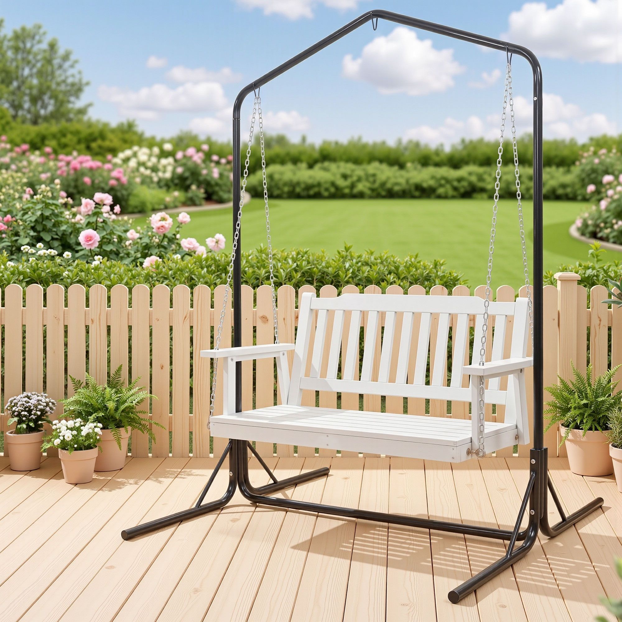 Gardeon 2-Seater Wooden Outdoor Swing Chair with Stand – White