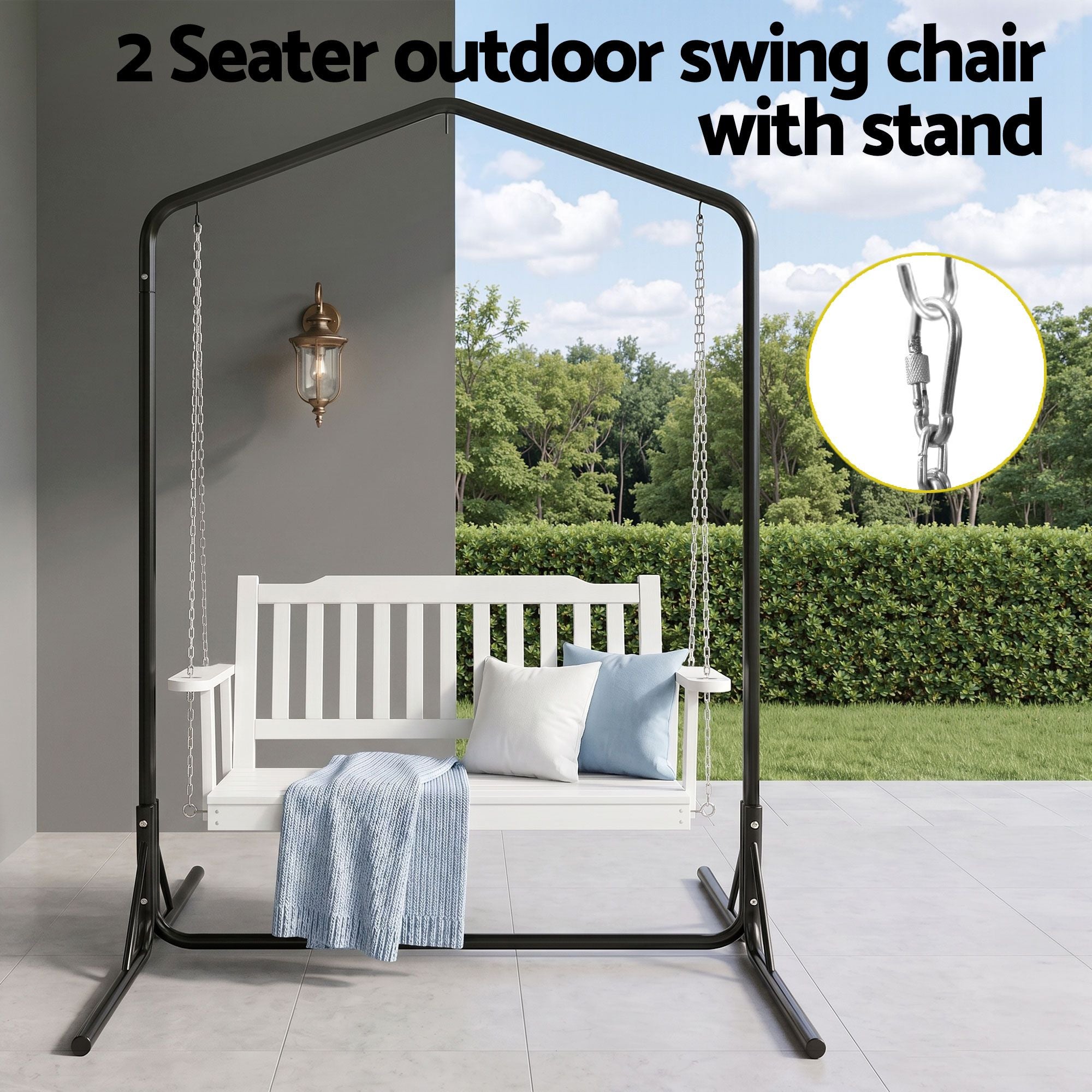 Gardeon 2-Seater Wooden Outdoor Swing Chair with Stand – White – view 4